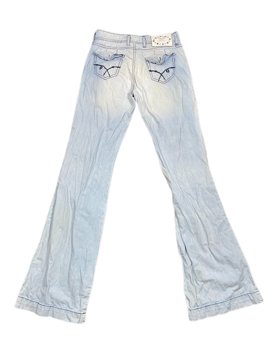 Y2k Kaporal5 Low Waist Flared Denim Pants Blue White - M/L