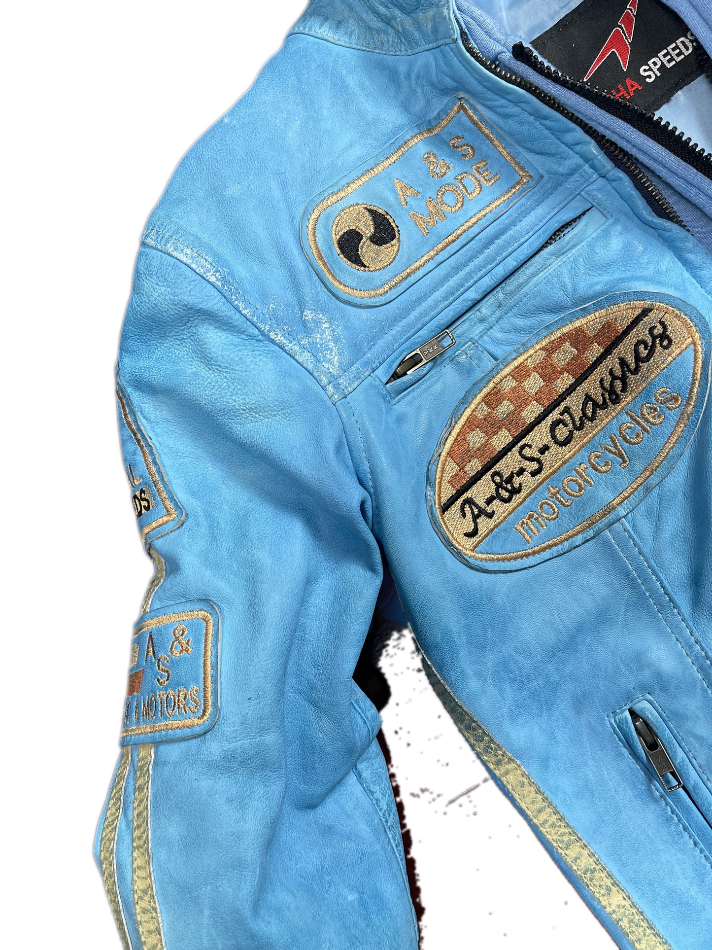 Y2k 2000s Alpha Speeds Racing Leather Jacket Baby Blue S