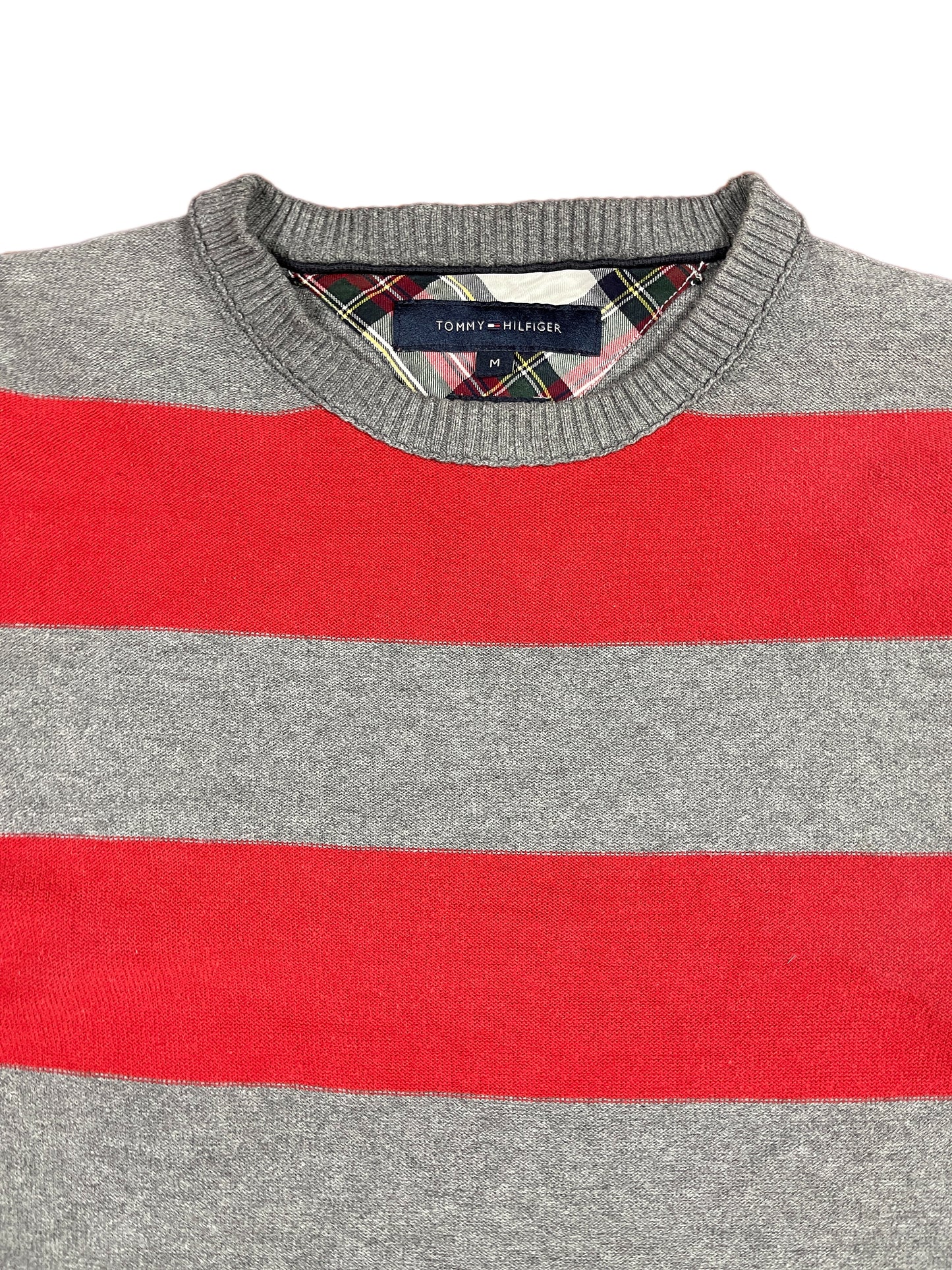 Y2k Tommy Hilfiger Knitted Sweatshirt Striped Red Gray - M