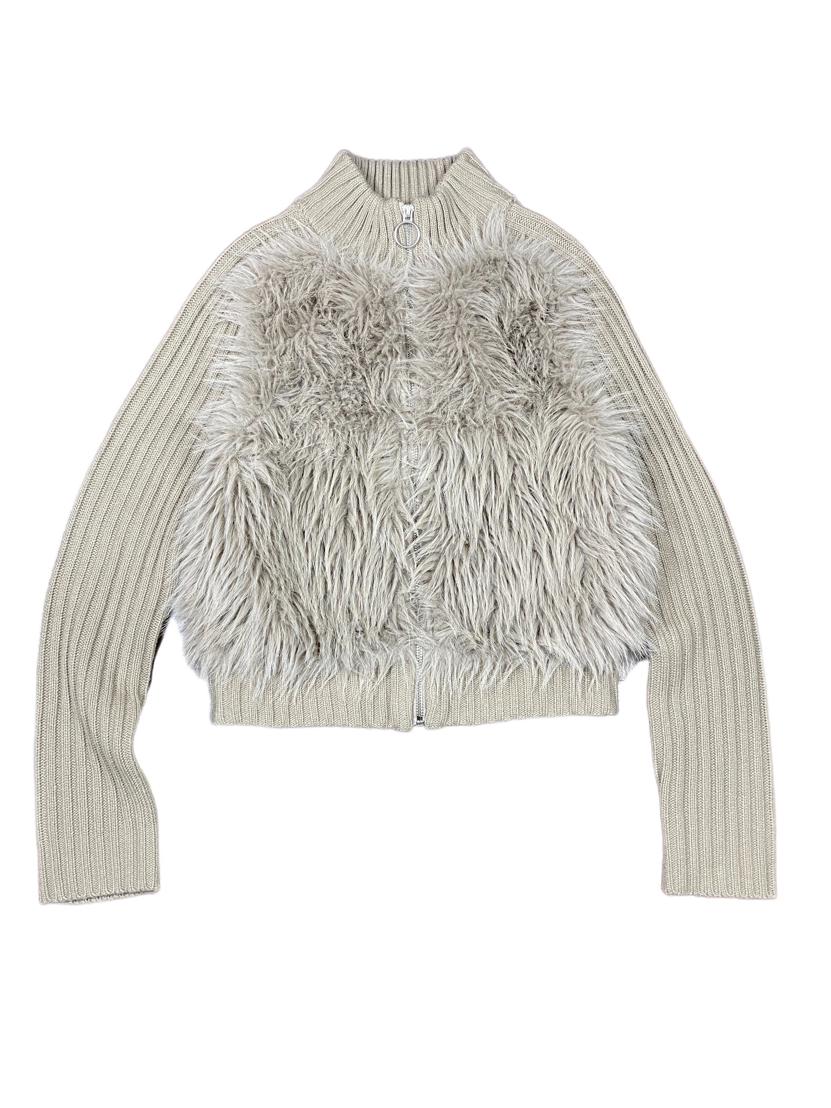 Stradivarius Knit Long Sleeve Fake Fur Zip Jacket Beige Gray - S