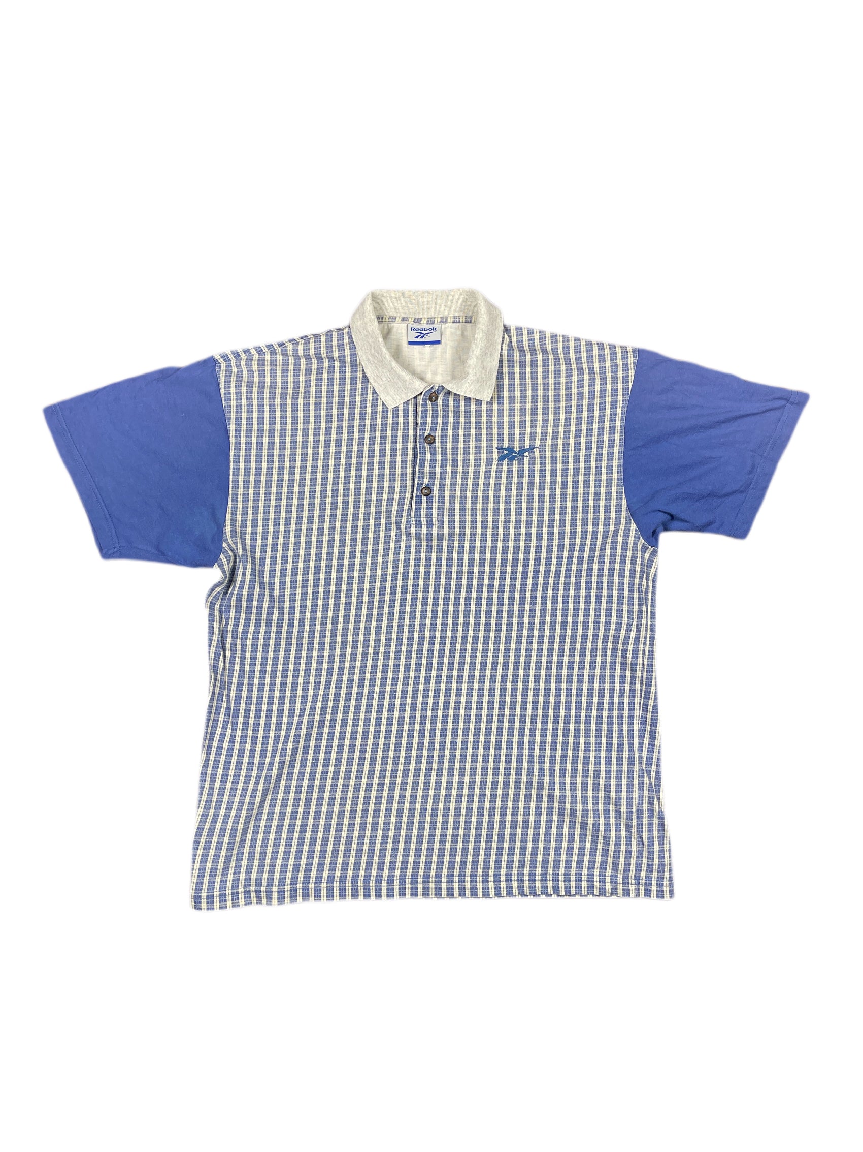 Y2k Reebok Polo Shirt Checkered Grey Blue - L