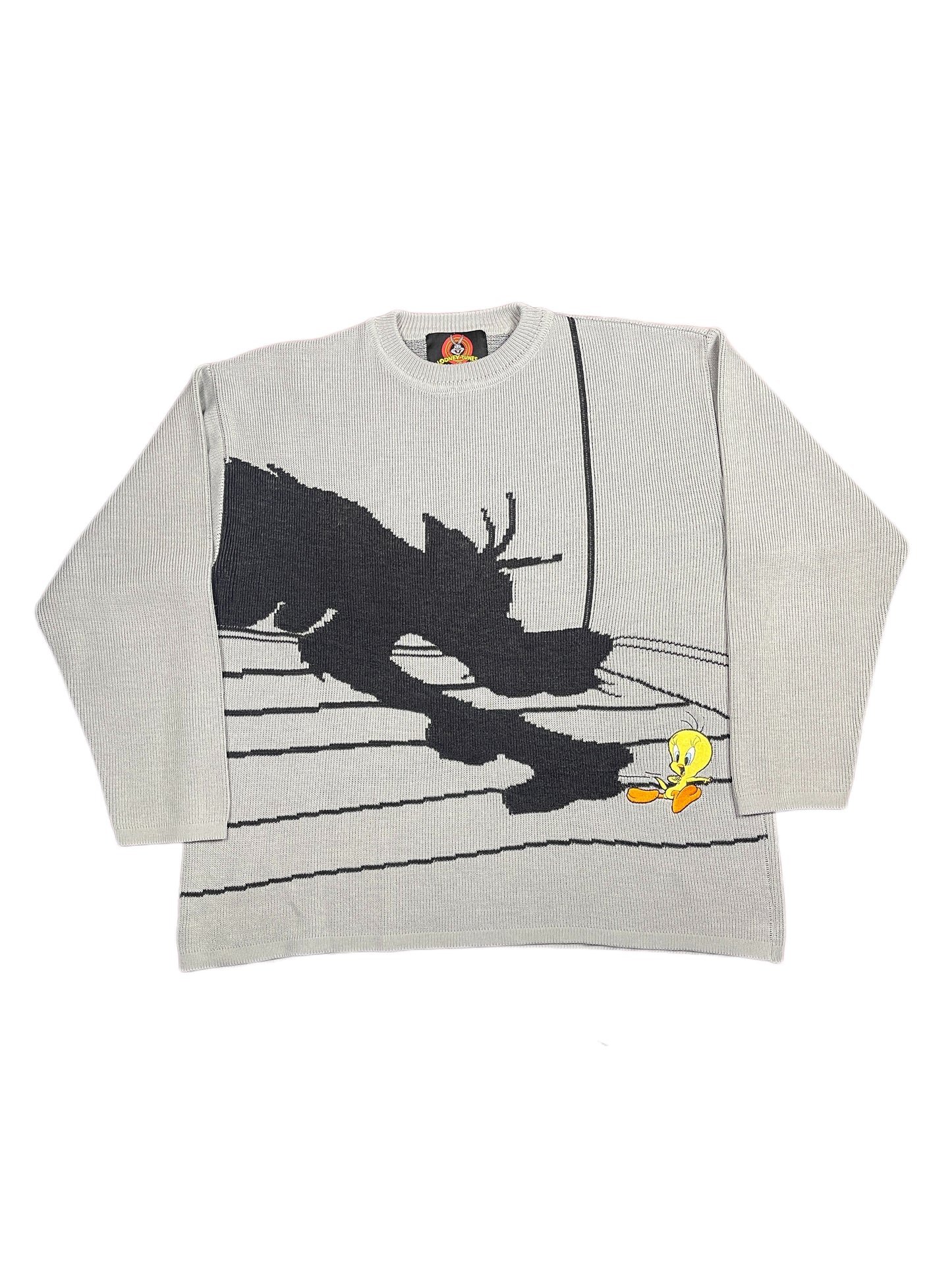 Vintage Looney Tunes 2001 Tweety Silvester Knitted Sweatshirt Gray - XL