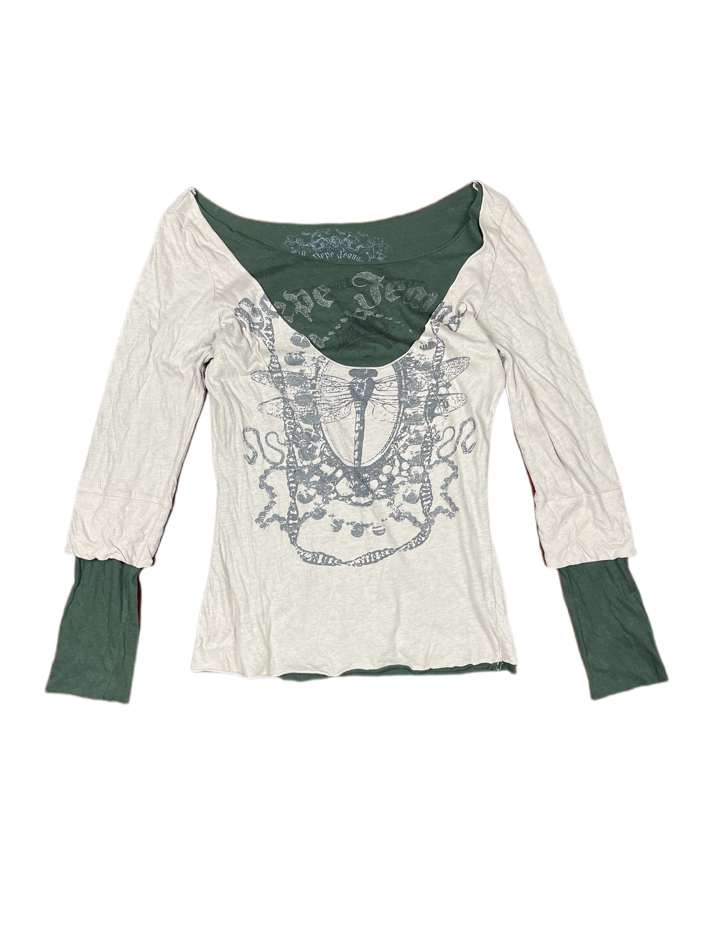 Y2k Pepe Jeans Long Sleeve Top Gray Green - S