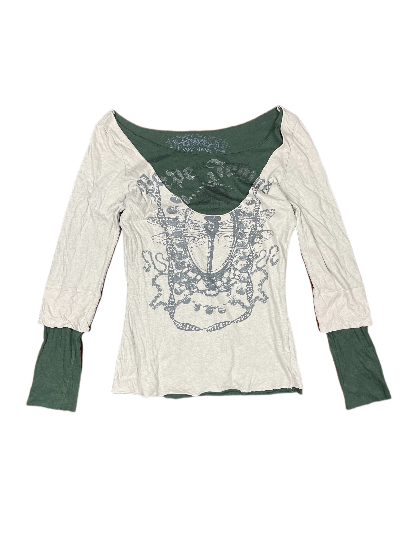 Y2k Pepe Jeans Long Sleeve Top Gray Green - S