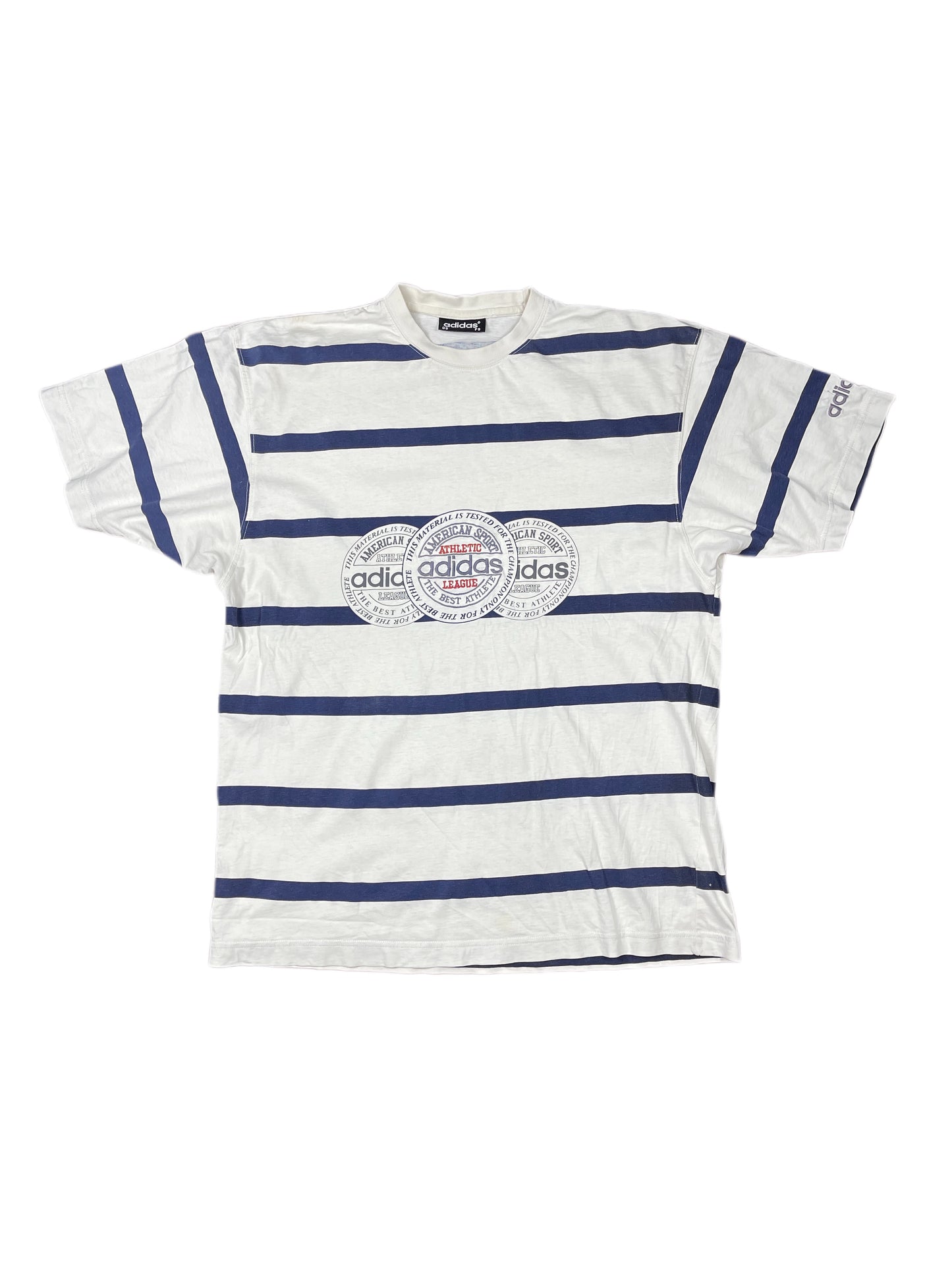 Vintage 90s Adidas Athletic League T-Shirt Striped White Navy - S