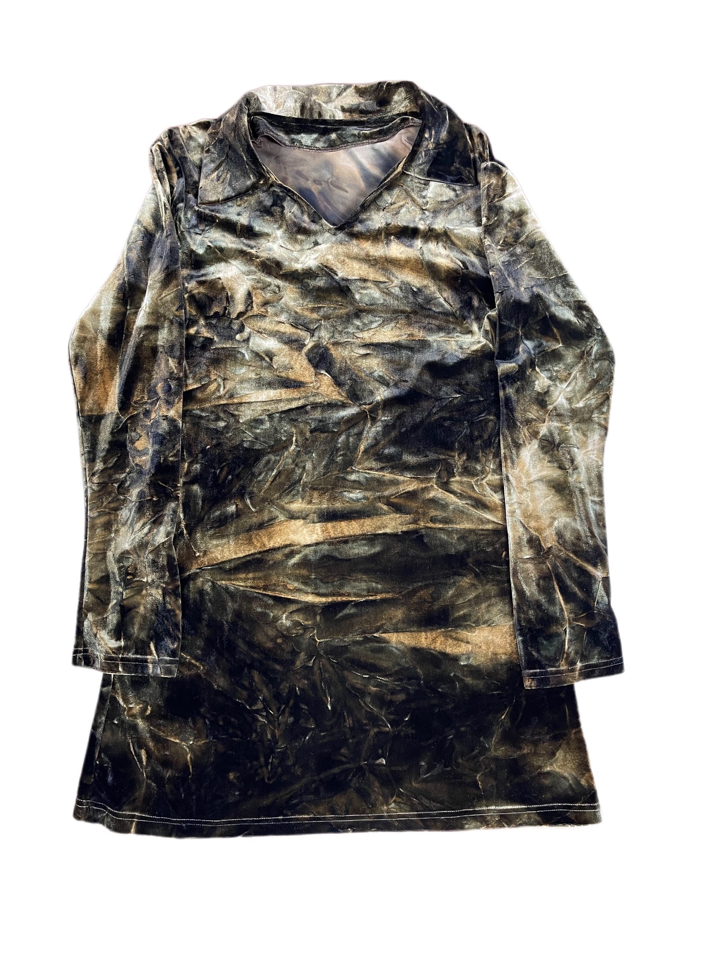 Vintage Long Sleeve Mini Dress Tie Dye Effect Brown - M