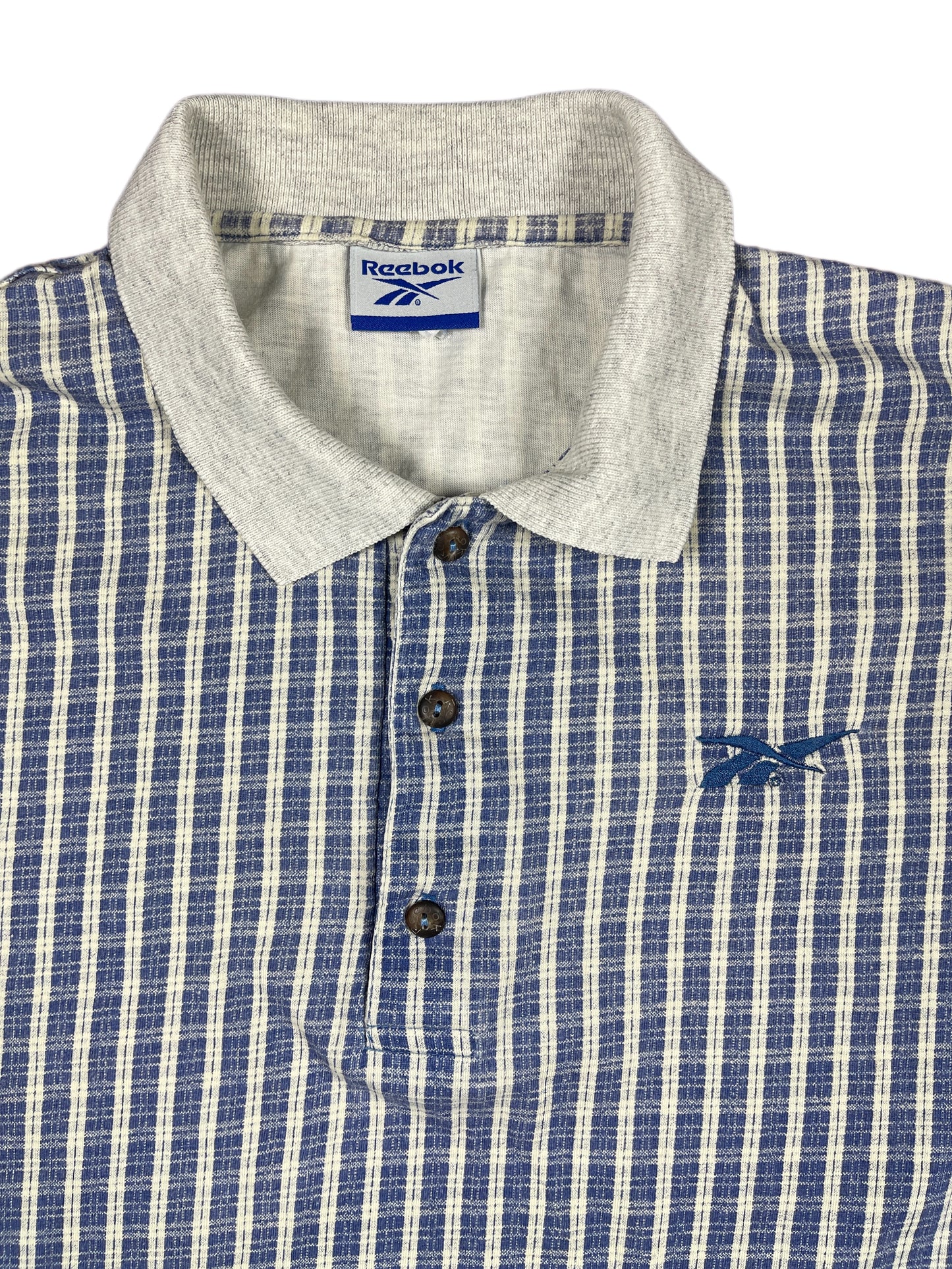 Y2k Reebok Polo Shirt Checkered Grey Blue - L