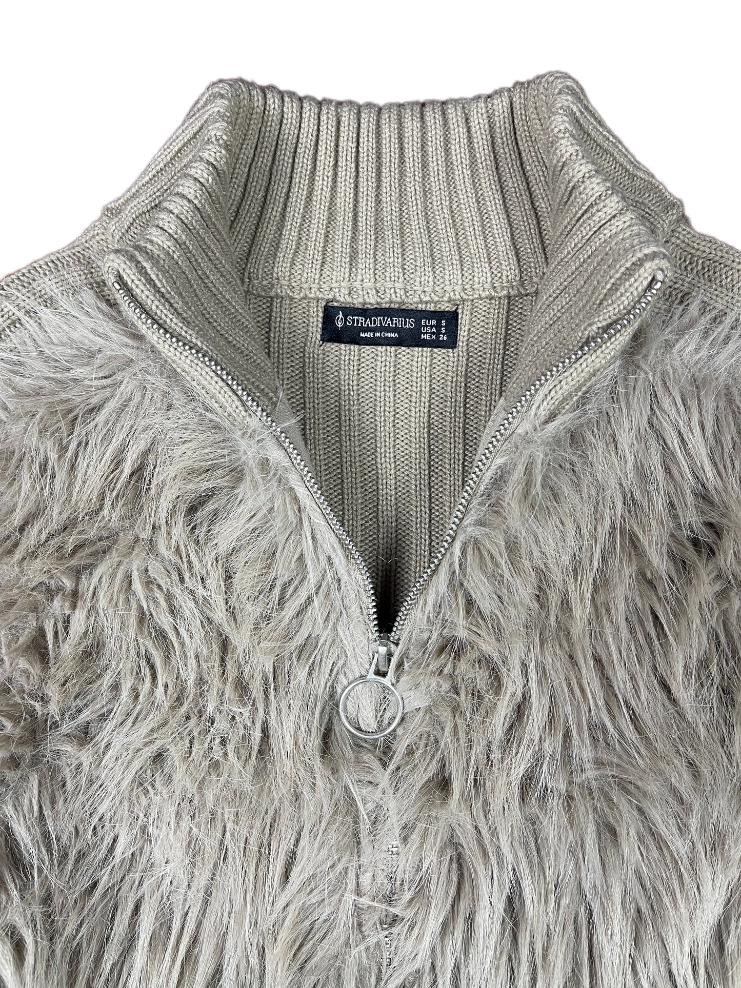 Stradivarius Knit Long Sleeve Fake Fur Zip Jacket Beige Gray - S
