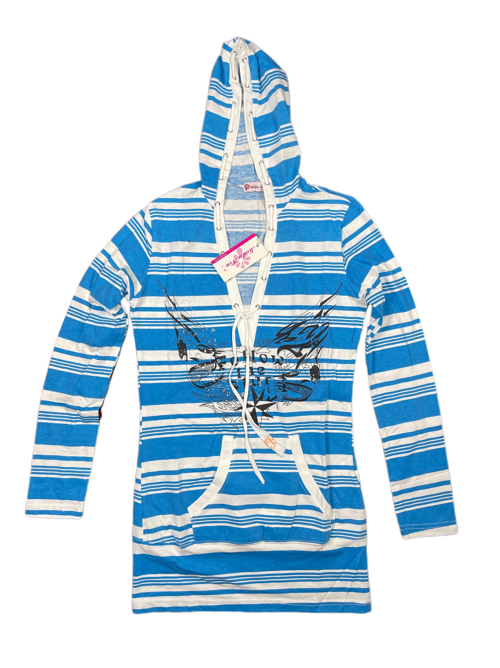 Y2k Moda Piu Long Sleeve Dress with Hood White Blue - M/L