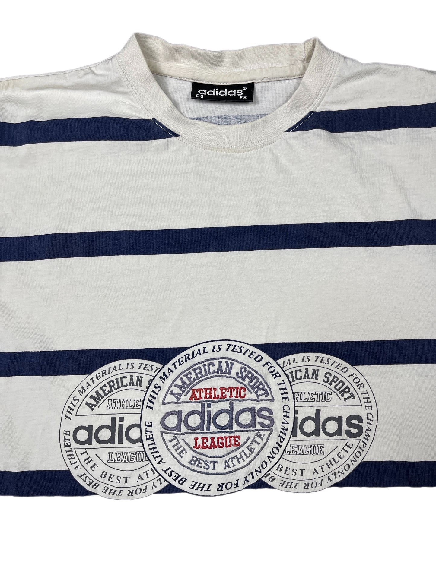 Vintage 90s Adidas Athletic League T-Shirt Striped White Navy - S