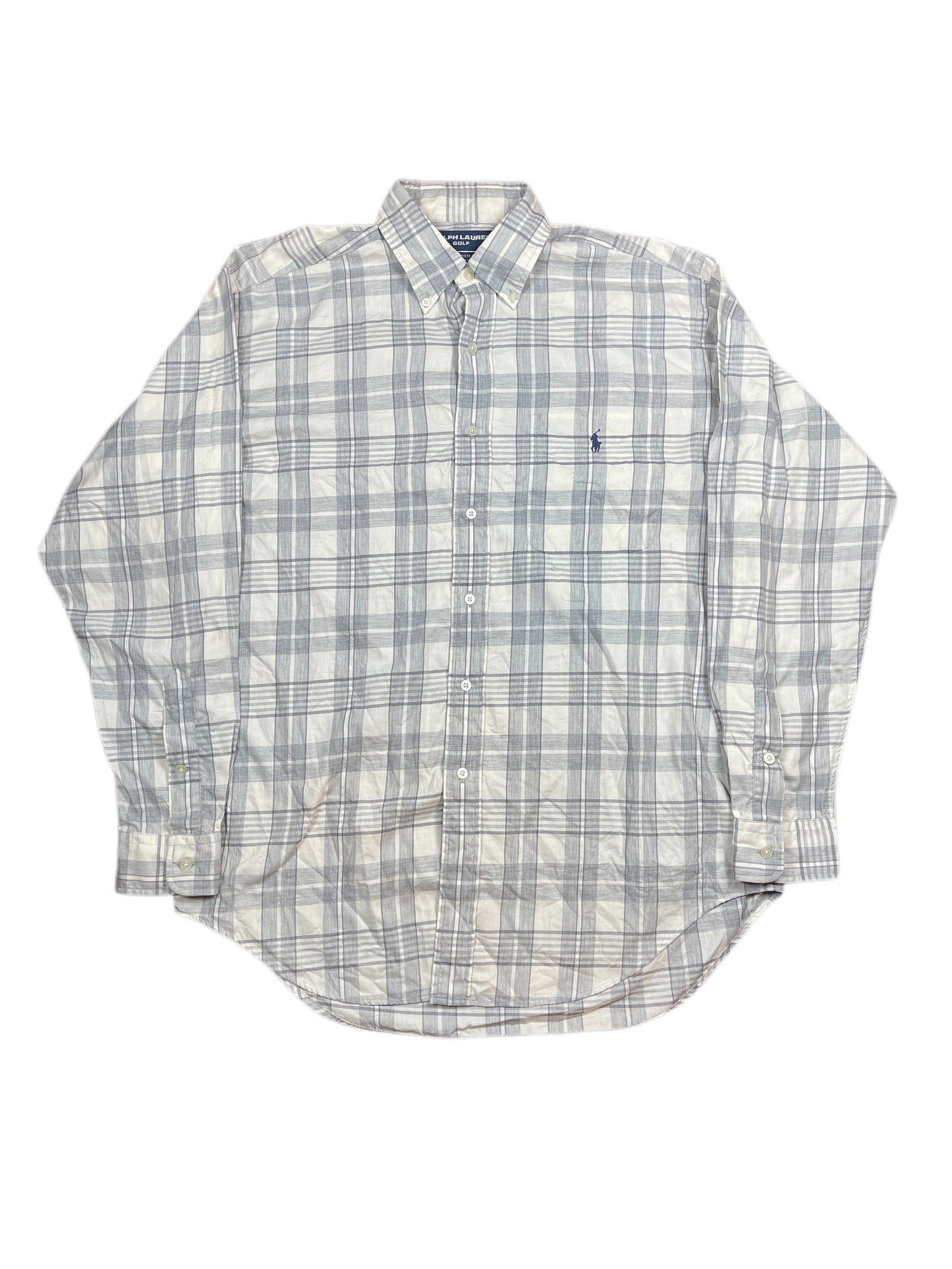 Vintage Ralph Lauren Golf Long Sleeve Shirt Checkered White Gray - M