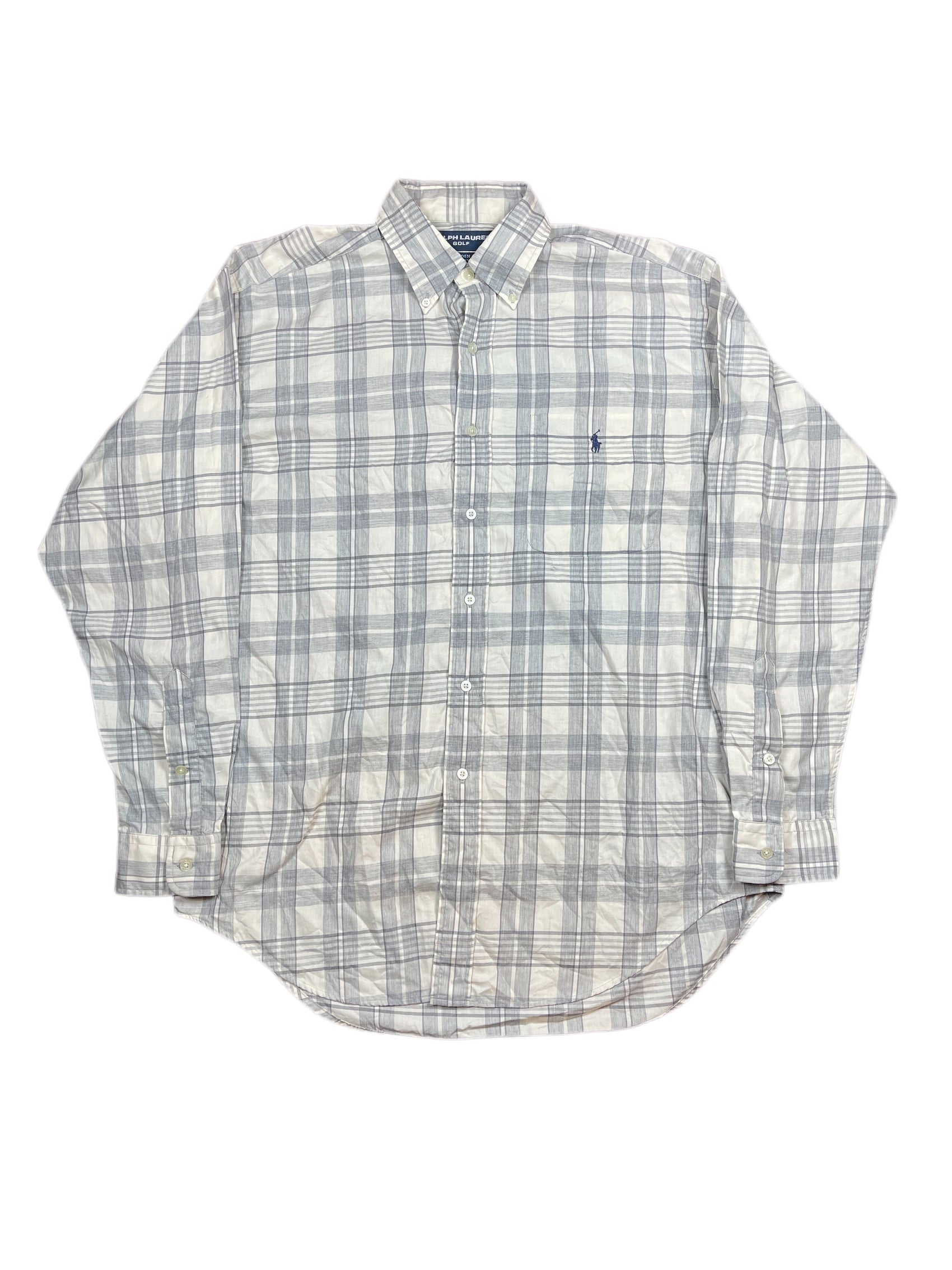 Vintage Ralph Lauren Golf Long Sleeve Shirt Checkered White Gray - M