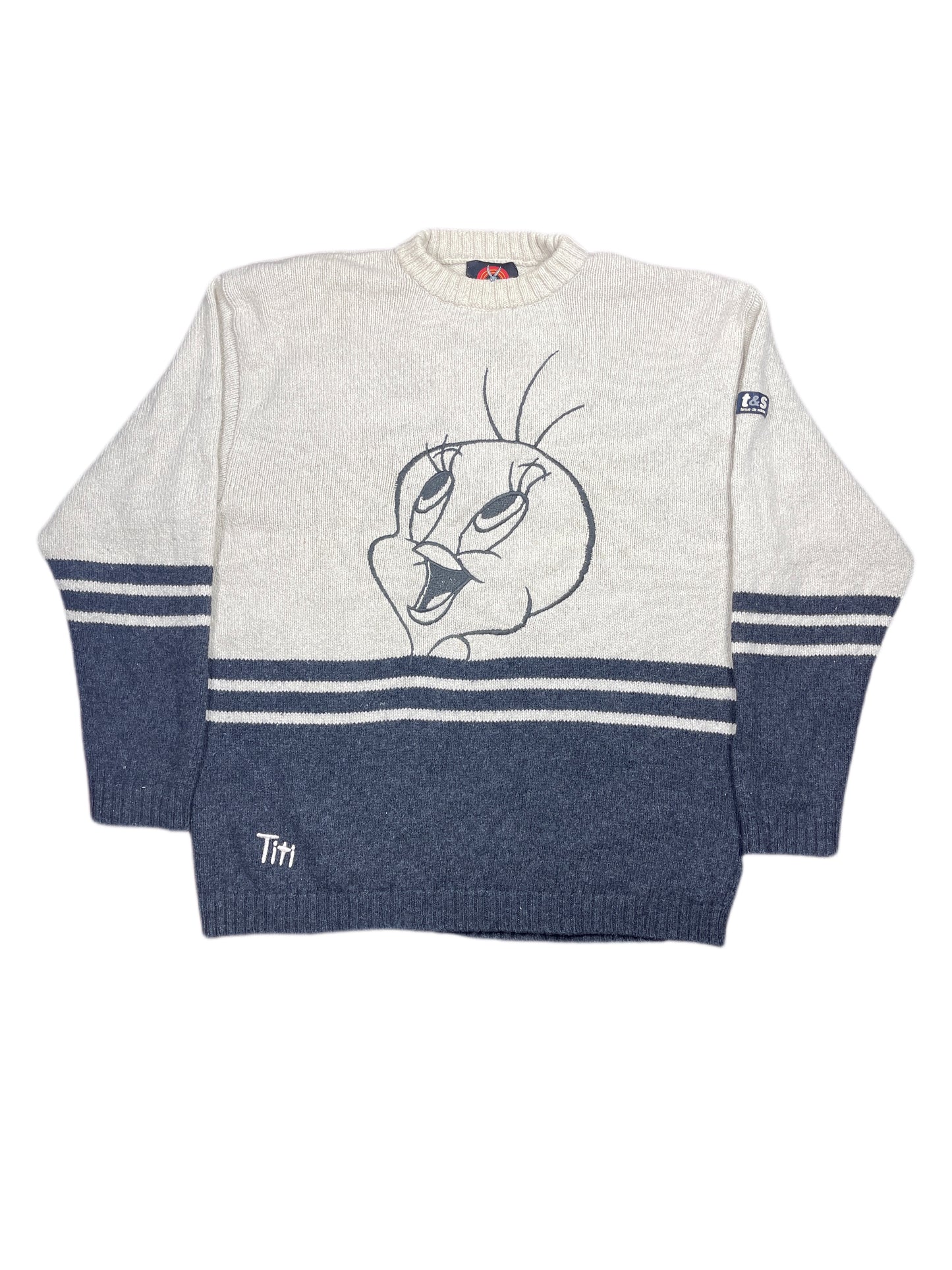 Vintage Tweety 2000 Chunky Knitted Sweatshirt White Gray - L