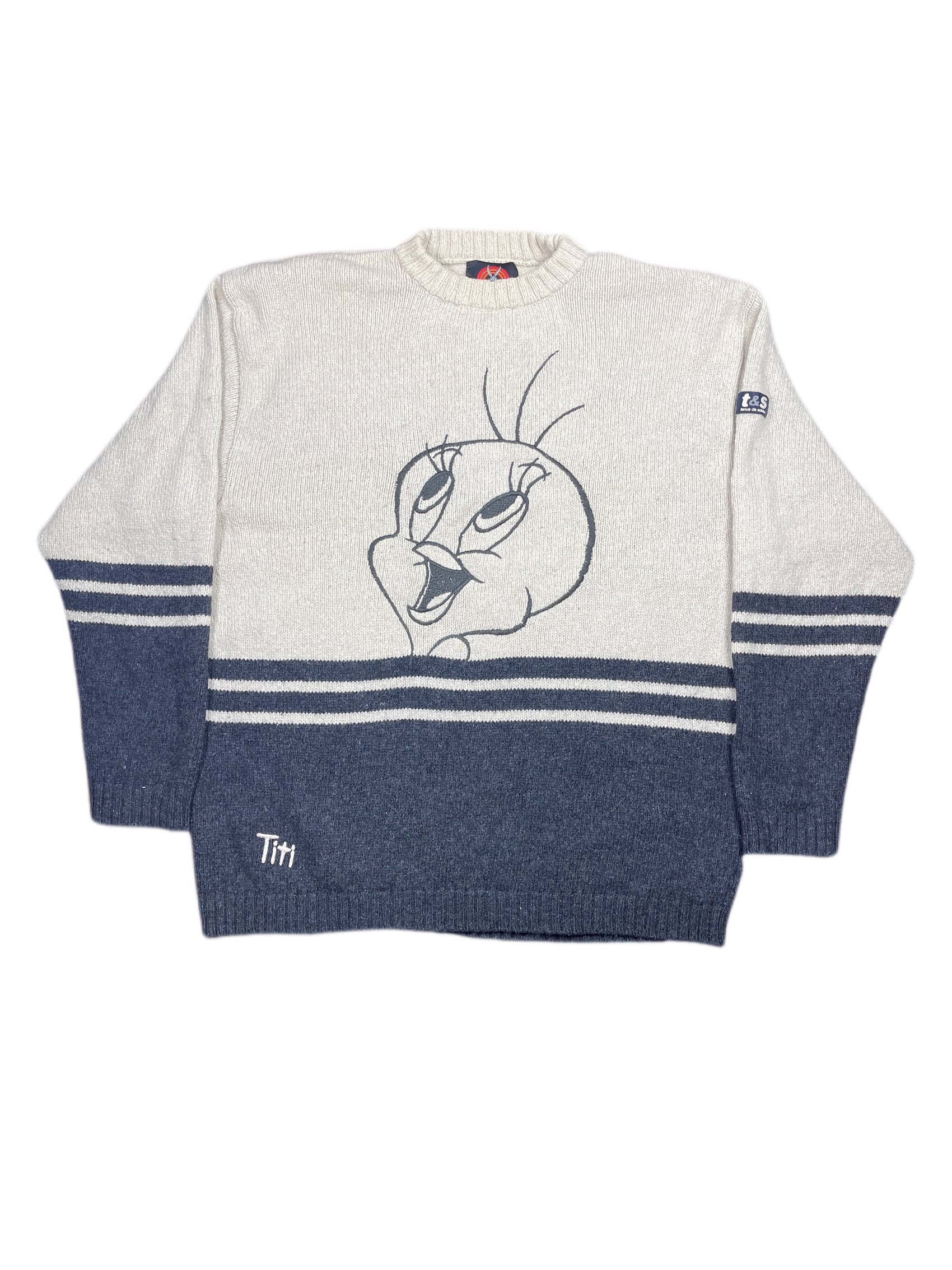 Vintage Tweety 2000 Chunky Knitted Sweatshirt White Gray - L