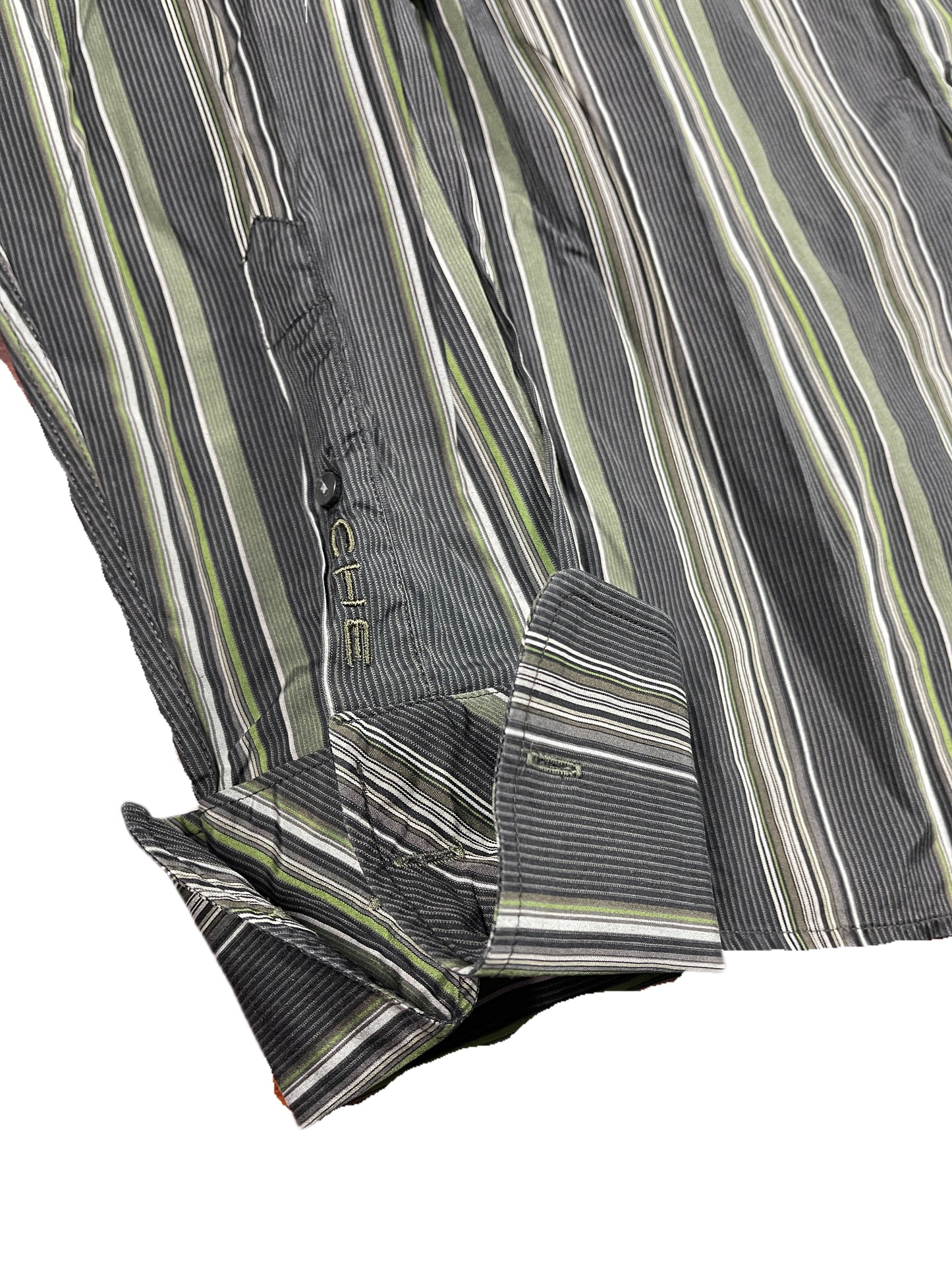 Y2k Chevignon Long Sleeve Shirt Striped Gray Green - L