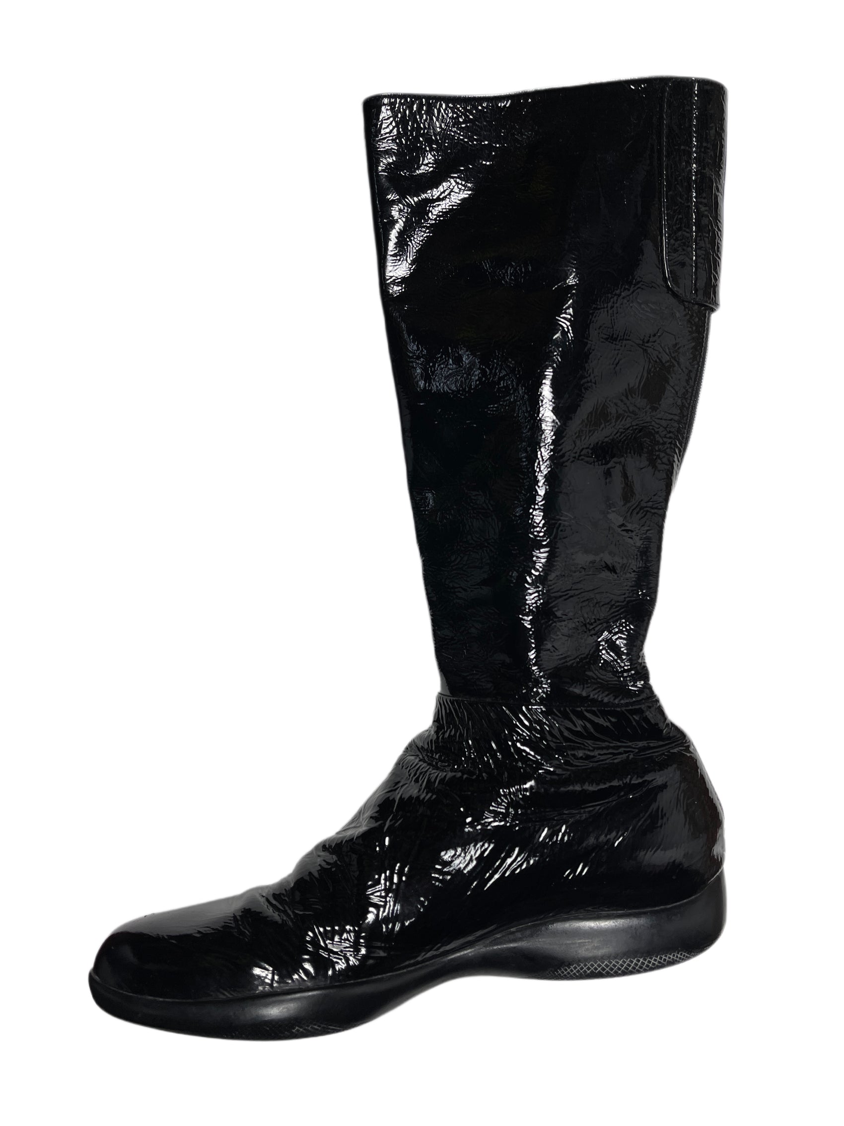 Y2k Prada Sport Knee High Patent Leather Black Boots - 39