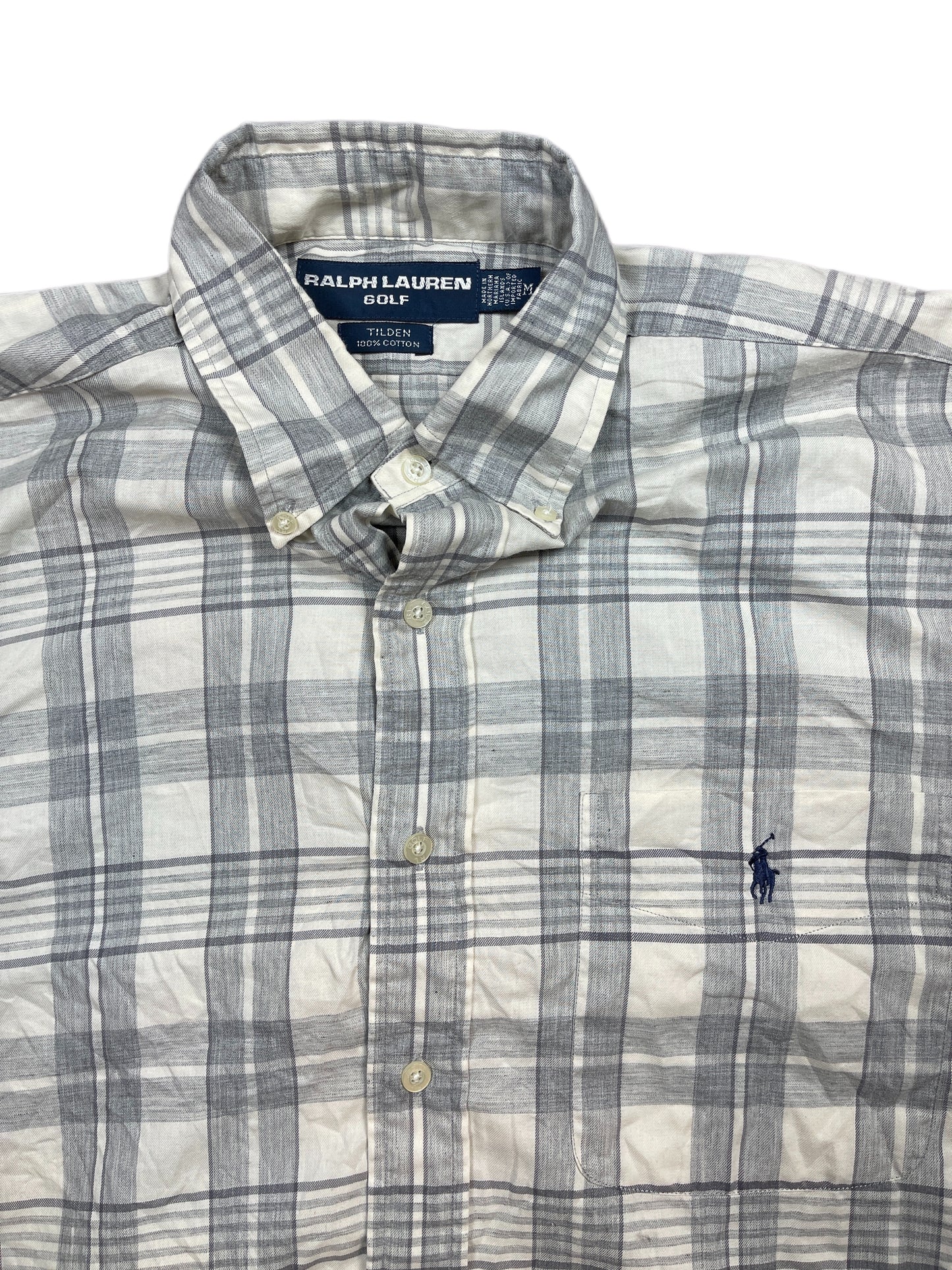 Vintage Ralph Lauren Golf Long Sleeve Shirt Checkered White Gray - M