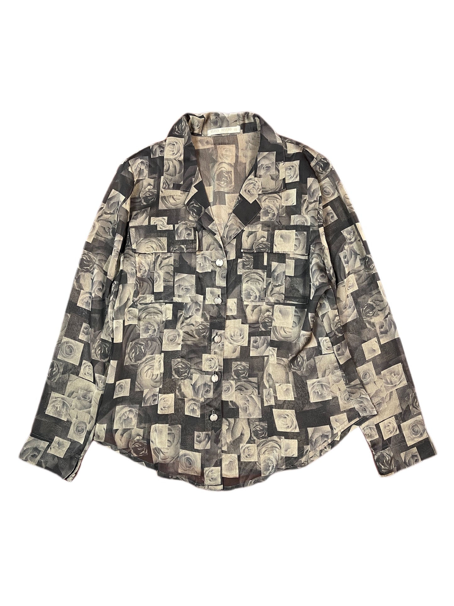 Y2k Elisa Rivero See Through Rose Long Sleeve Top Gray Black - L