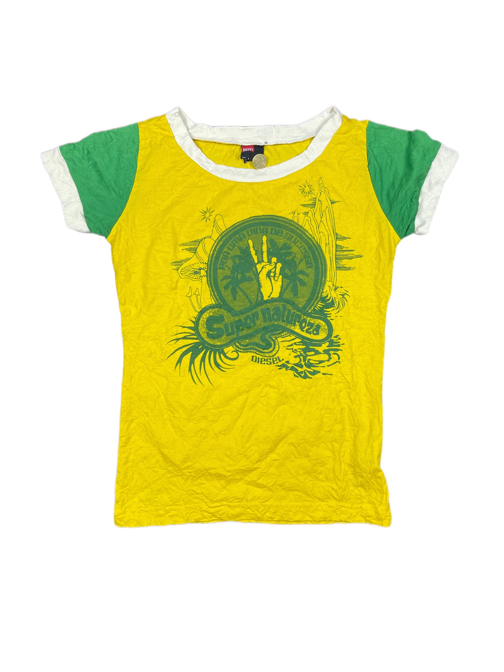 Y2k Diesel Distressed Short Sleeve Top Yellow Green - S