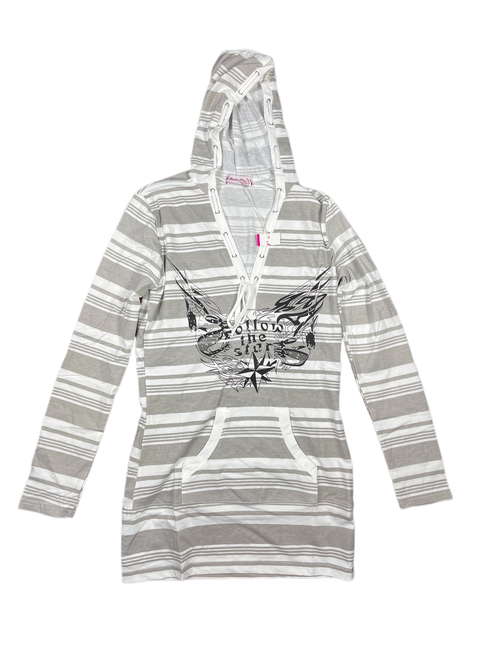 Y2k Moda Piu Long Sleeve Dress with Hood Gray White - L/XL