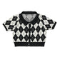 Vintage Cropped Knitted Short Sleeve Top Checkered Black White - L