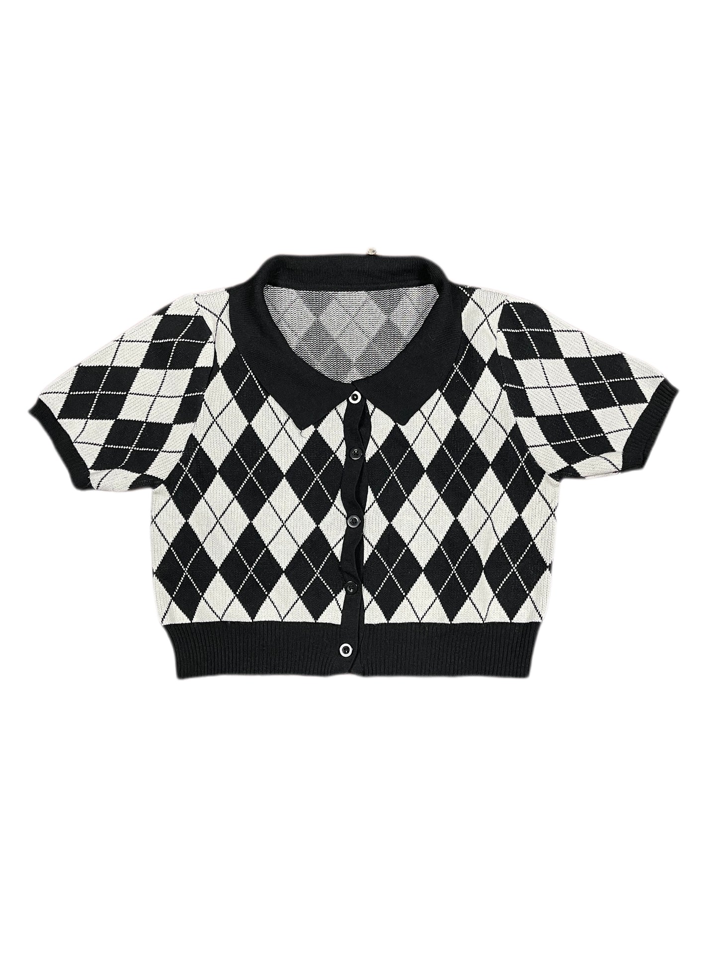 Vintage Cropped Knitted Short Sleeve Top Checkered Black White - L