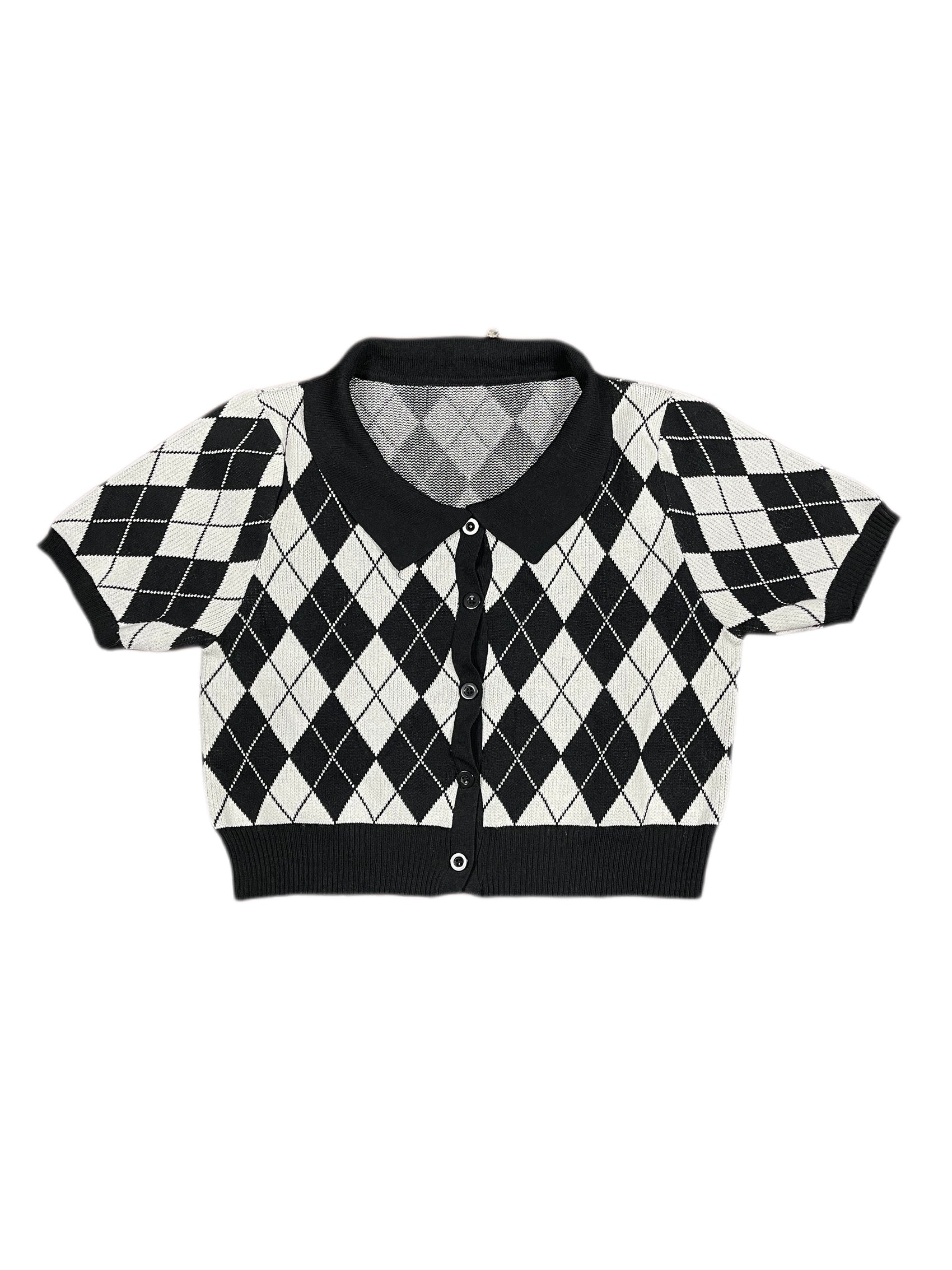Vintage Cropped Knitted Short Sleeve Top Checkered Black White - L
