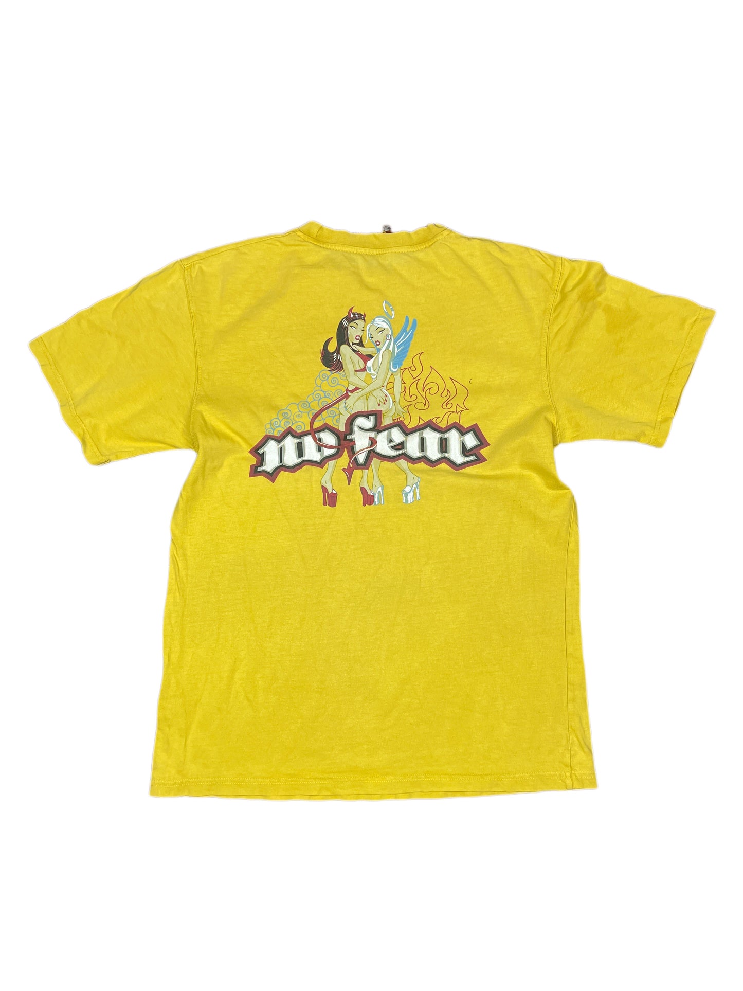 Y2k No Fear Angel and Devil T-Shirt Yellow - L