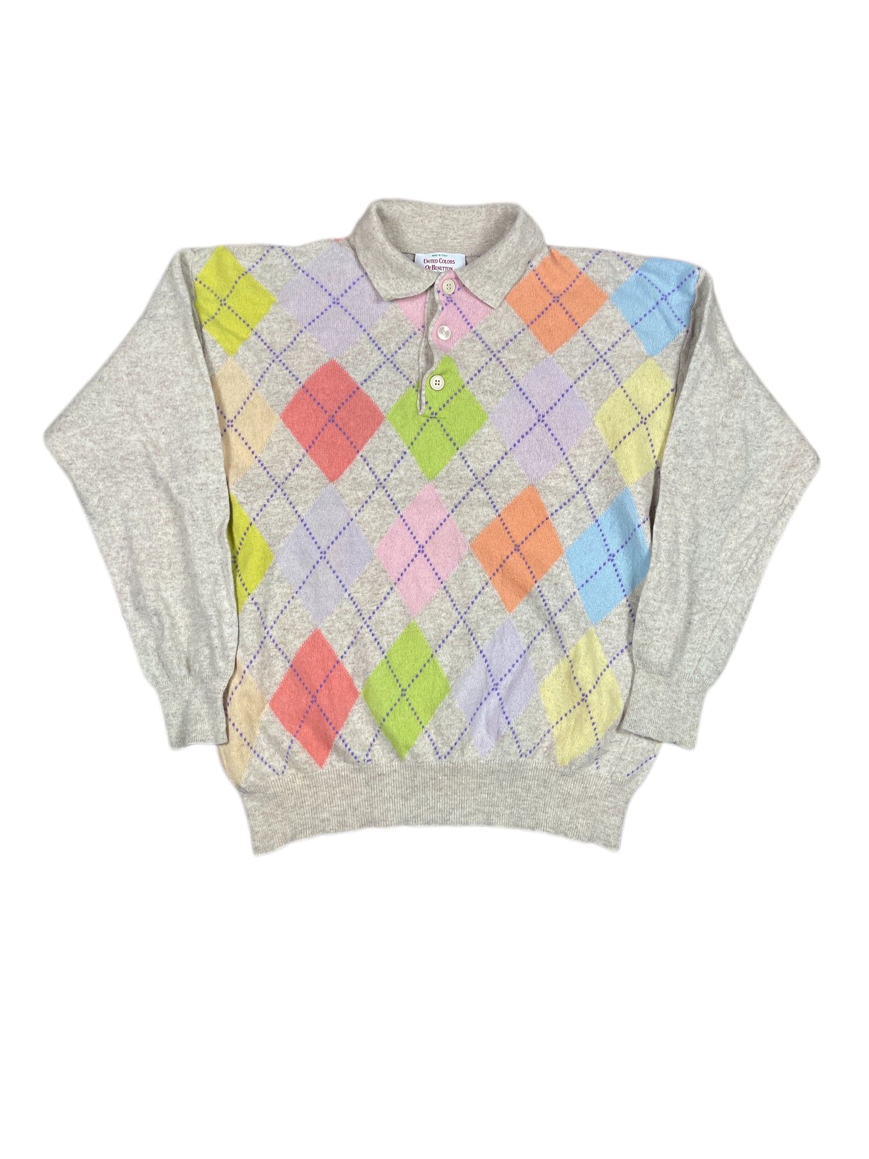 Vintage Benetton Knitted Sweatshirt Cream Multicolor - L