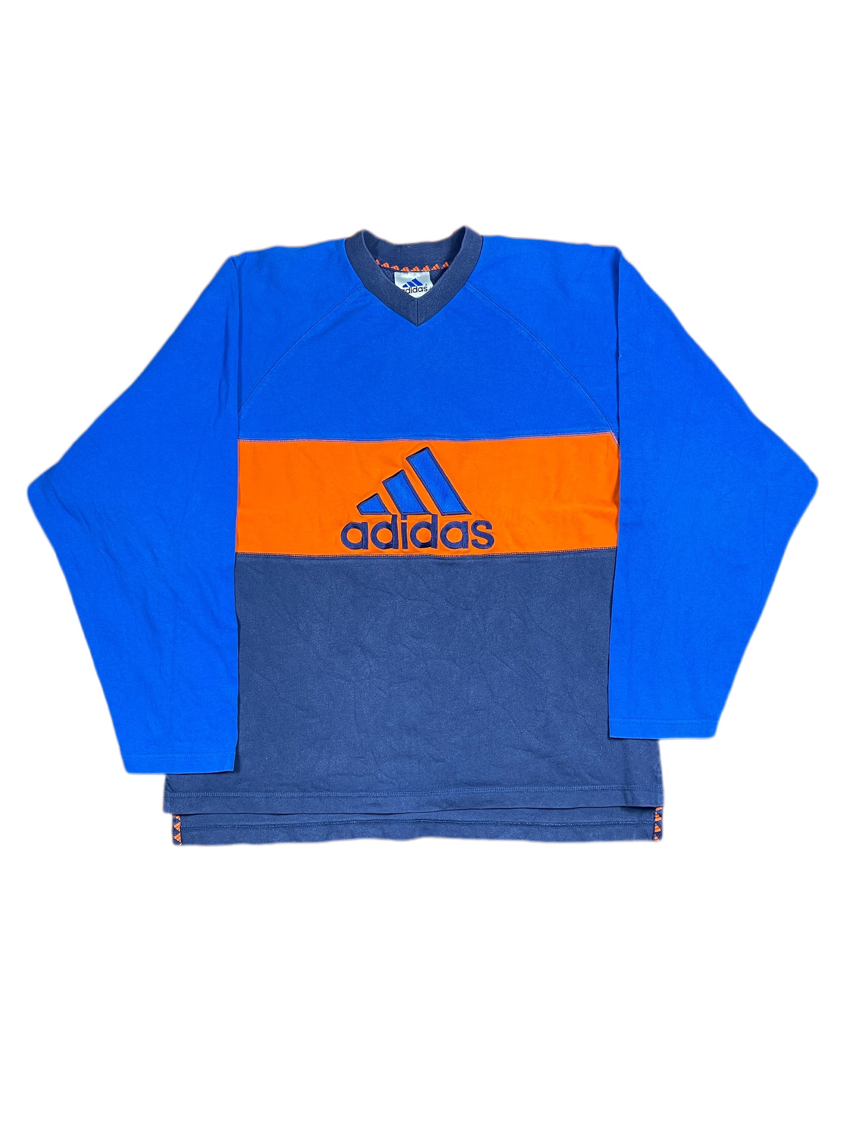 Vintage Adidas Sweatshirt Striped Blue Orange - L/XL