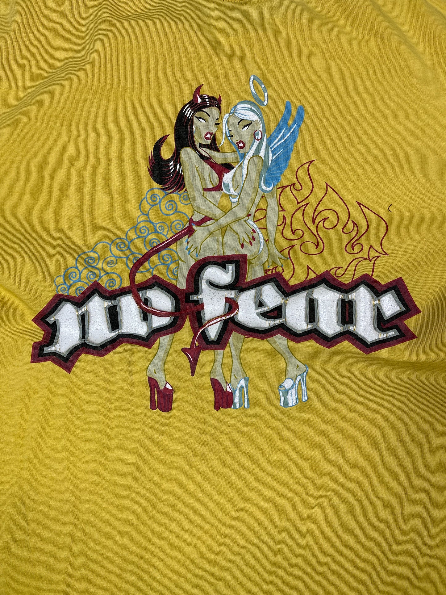 Y2k No Fear Angel and Devil T-Shirt Yellow - L