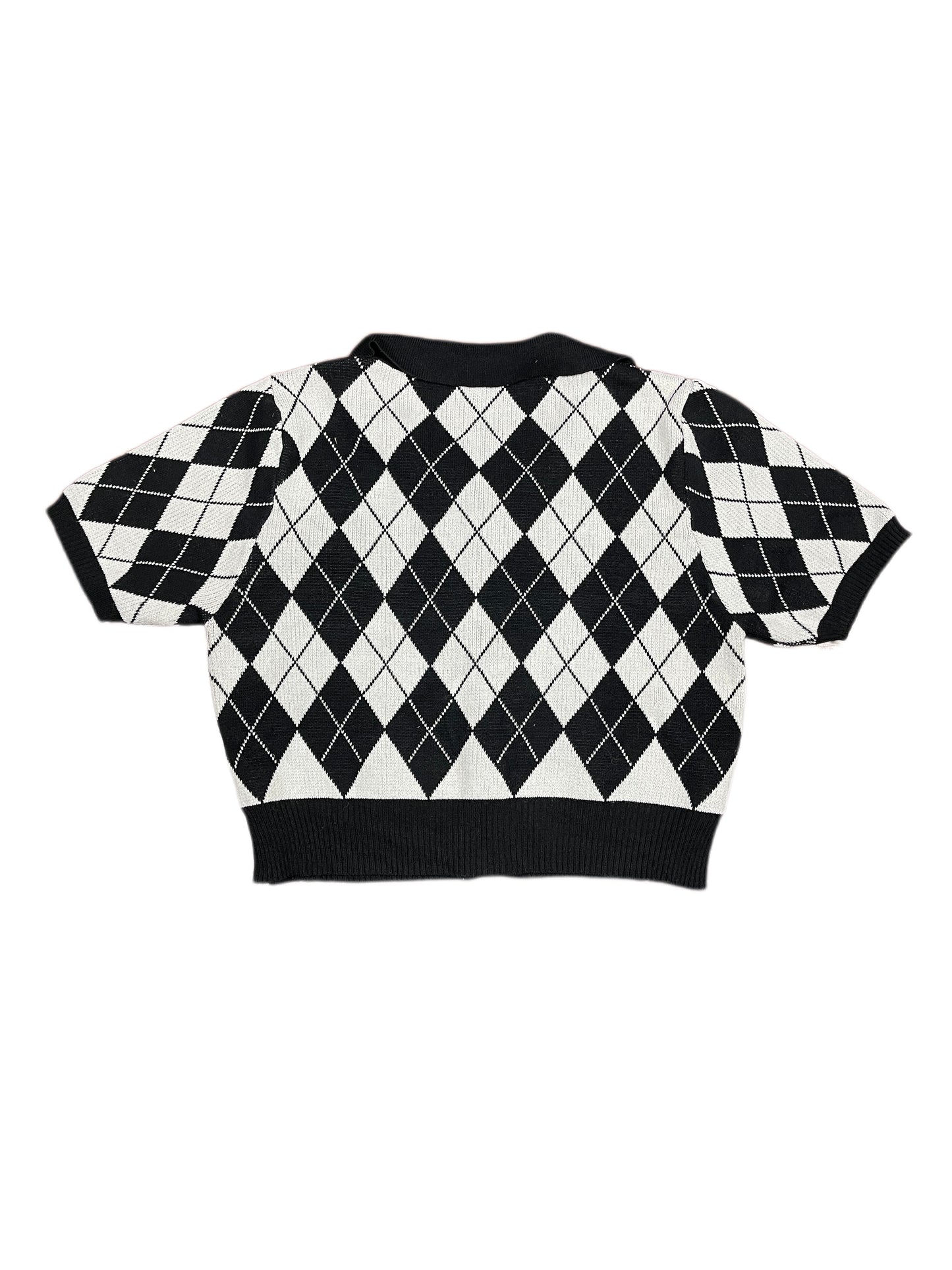 Vintage Cropped Knitted Short Sleeve Top Checkered Black White - L