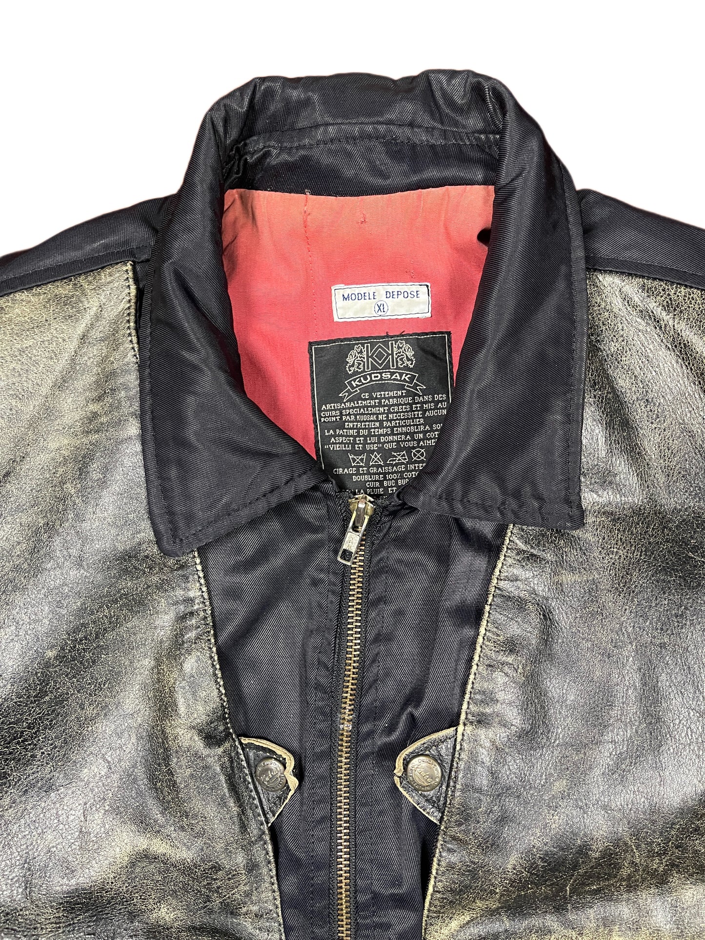 Vintage Kudsak Leather Patch Bomber Jacket Black Brown - XL