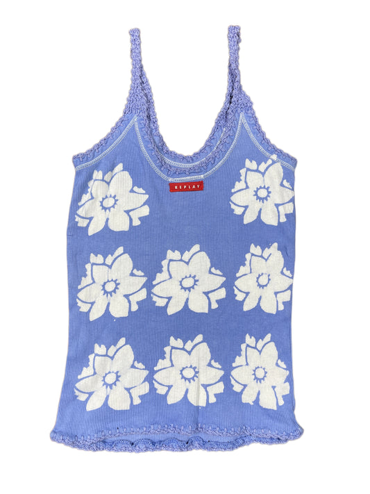 Y2k Replay Sleeveless Top Flower Blue White - XS/S