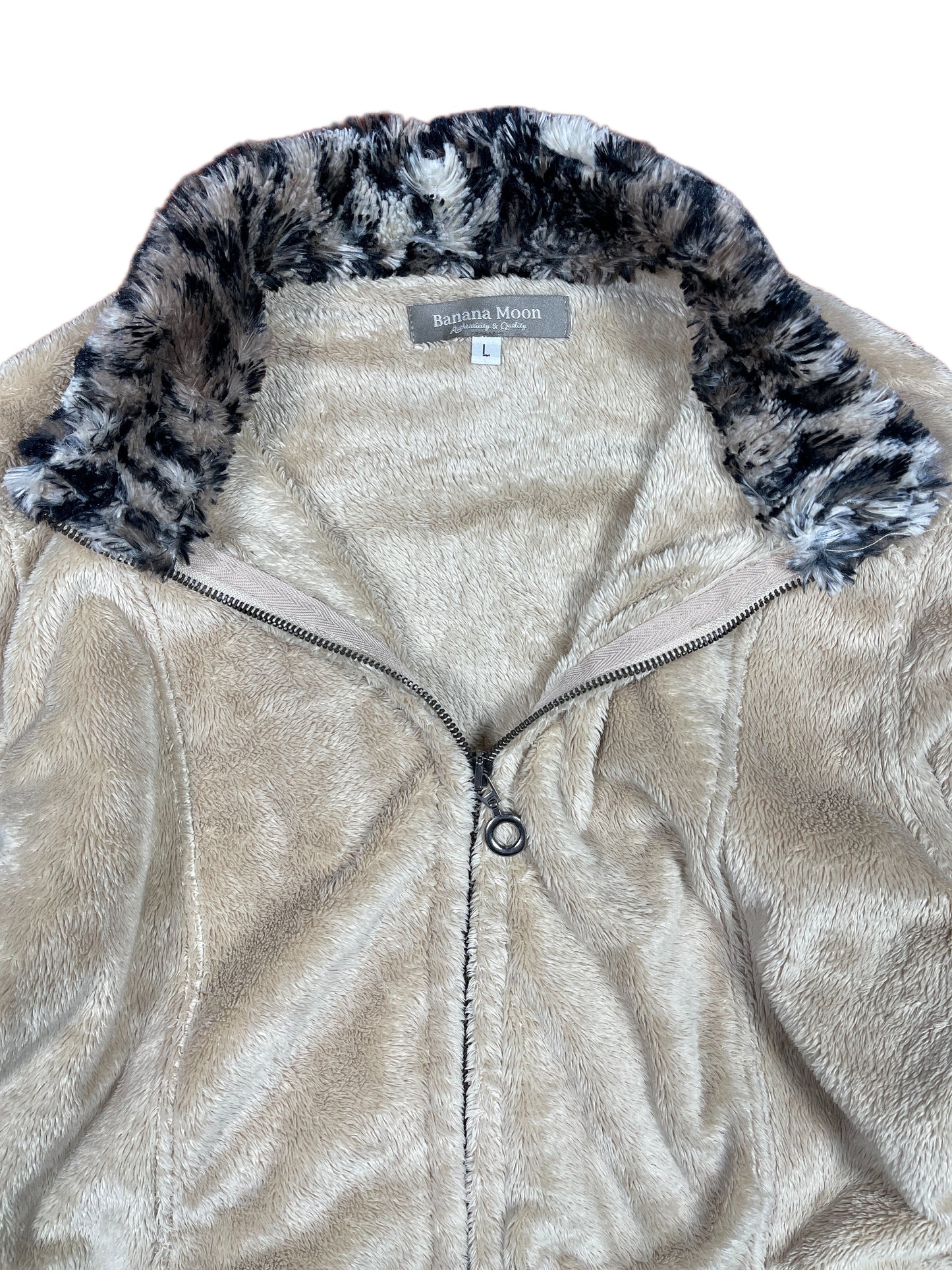 Y2k Banana Moon Fleece Zipper Sweatshirt Cream Beige - L
