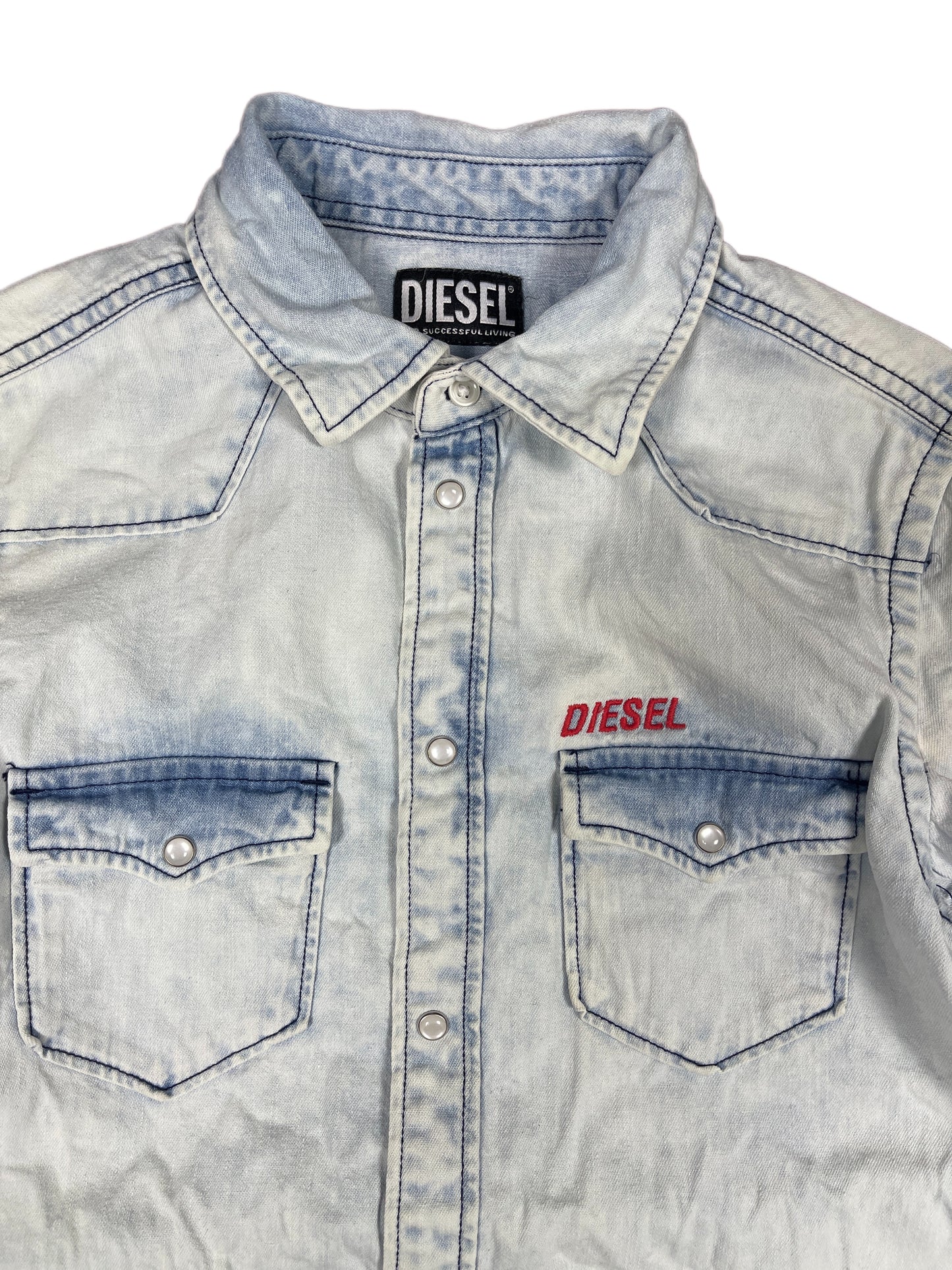 Y2k Diesel Long Sleeve Shirt White Blue - XXS