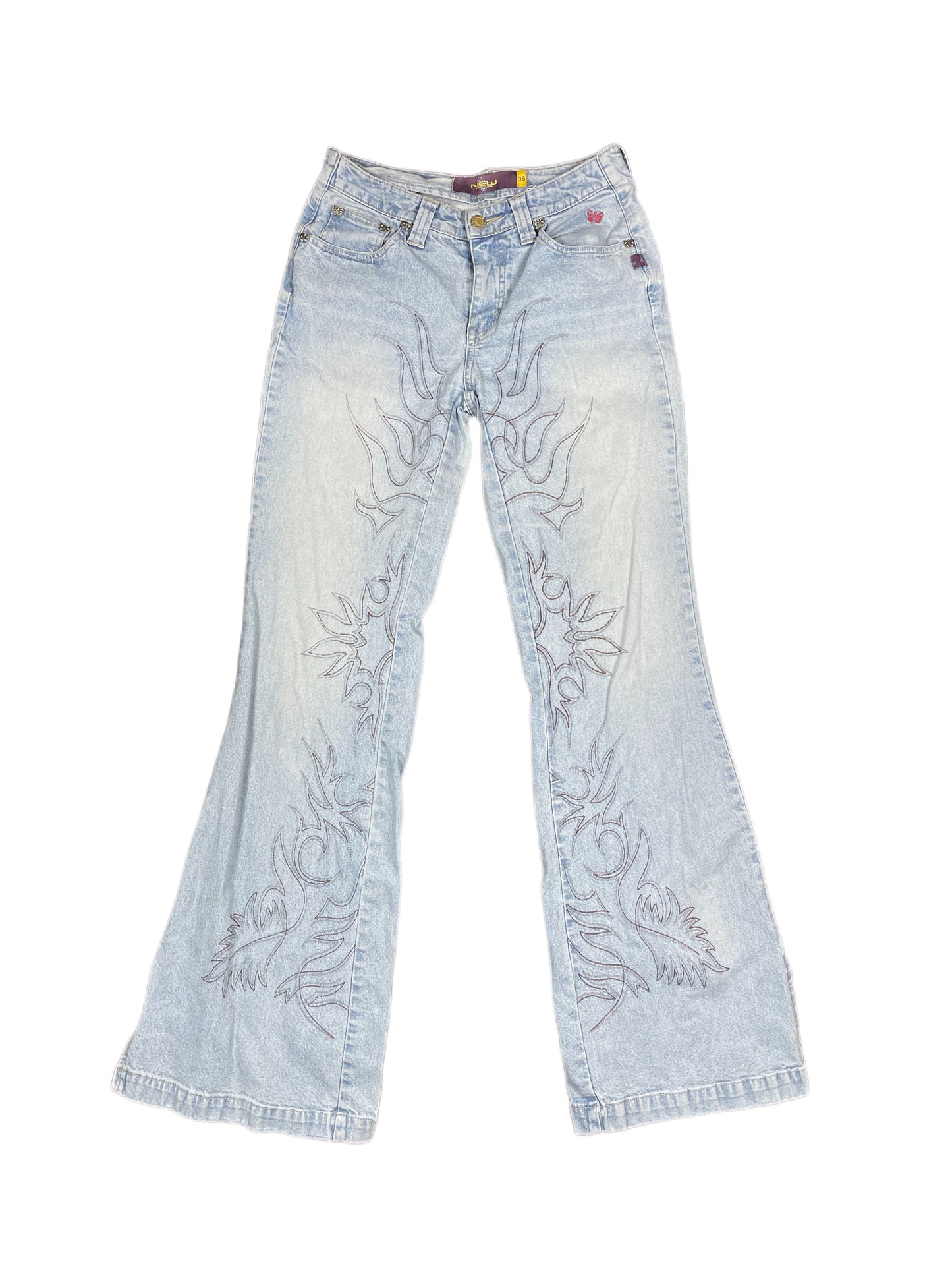 Y2k New London Denim Pants Low Waist Flared Light Blue - S