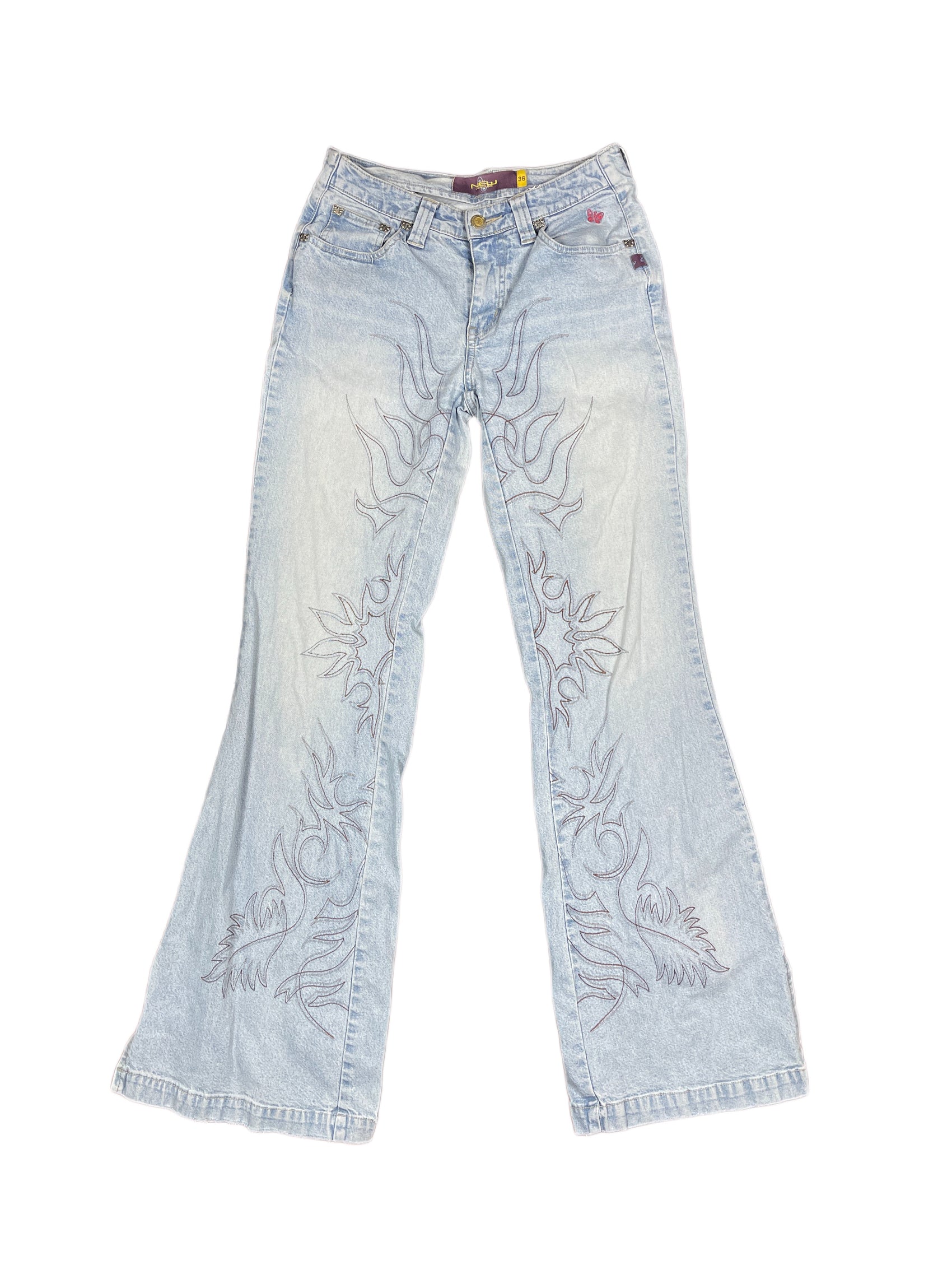 Y2k New London Denim Pants Low Waist Flared Light Blue - S