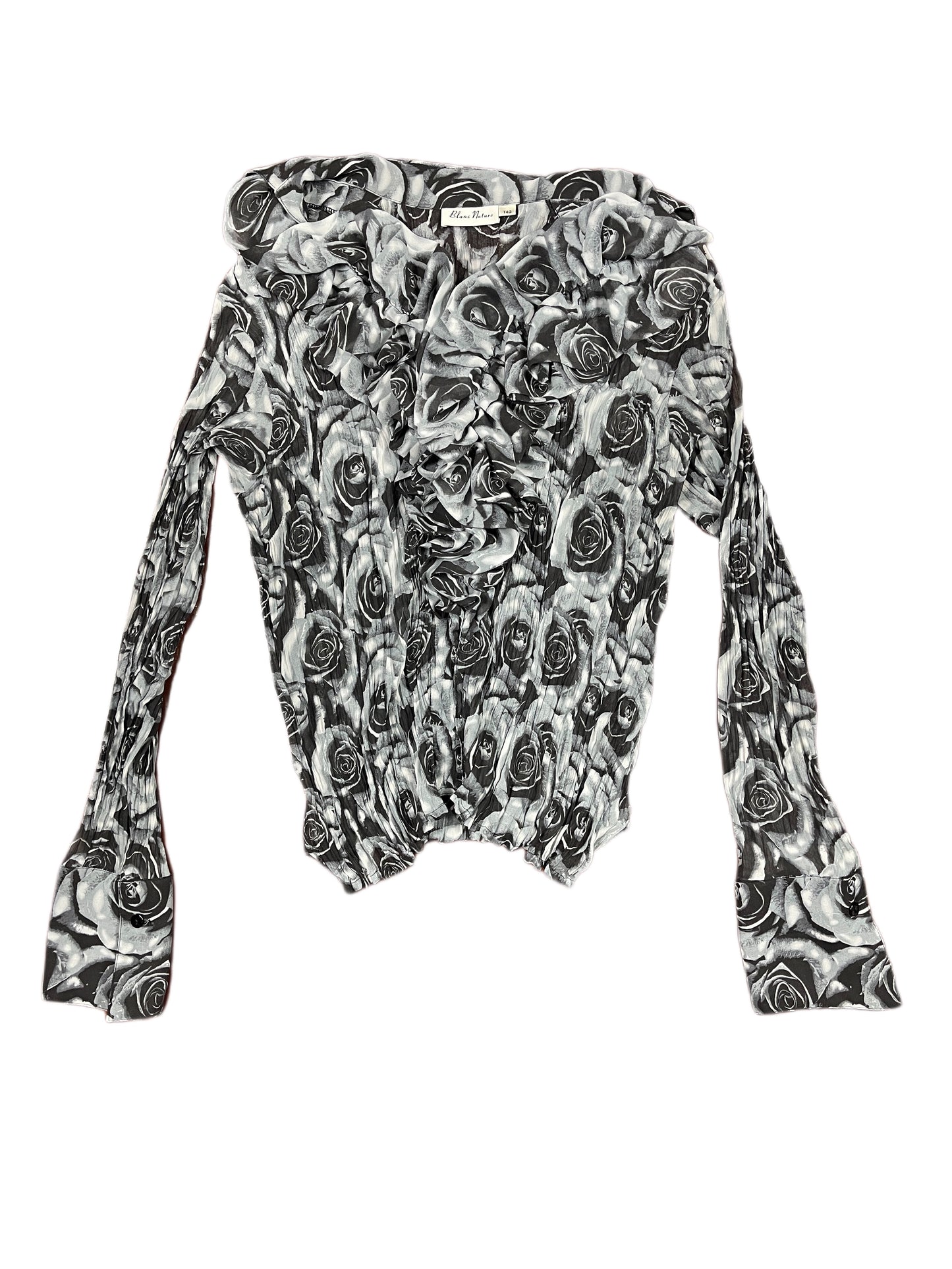 Y2k Blanc Nature See Through Long Sleeve Top Roses Gray Black - XL
