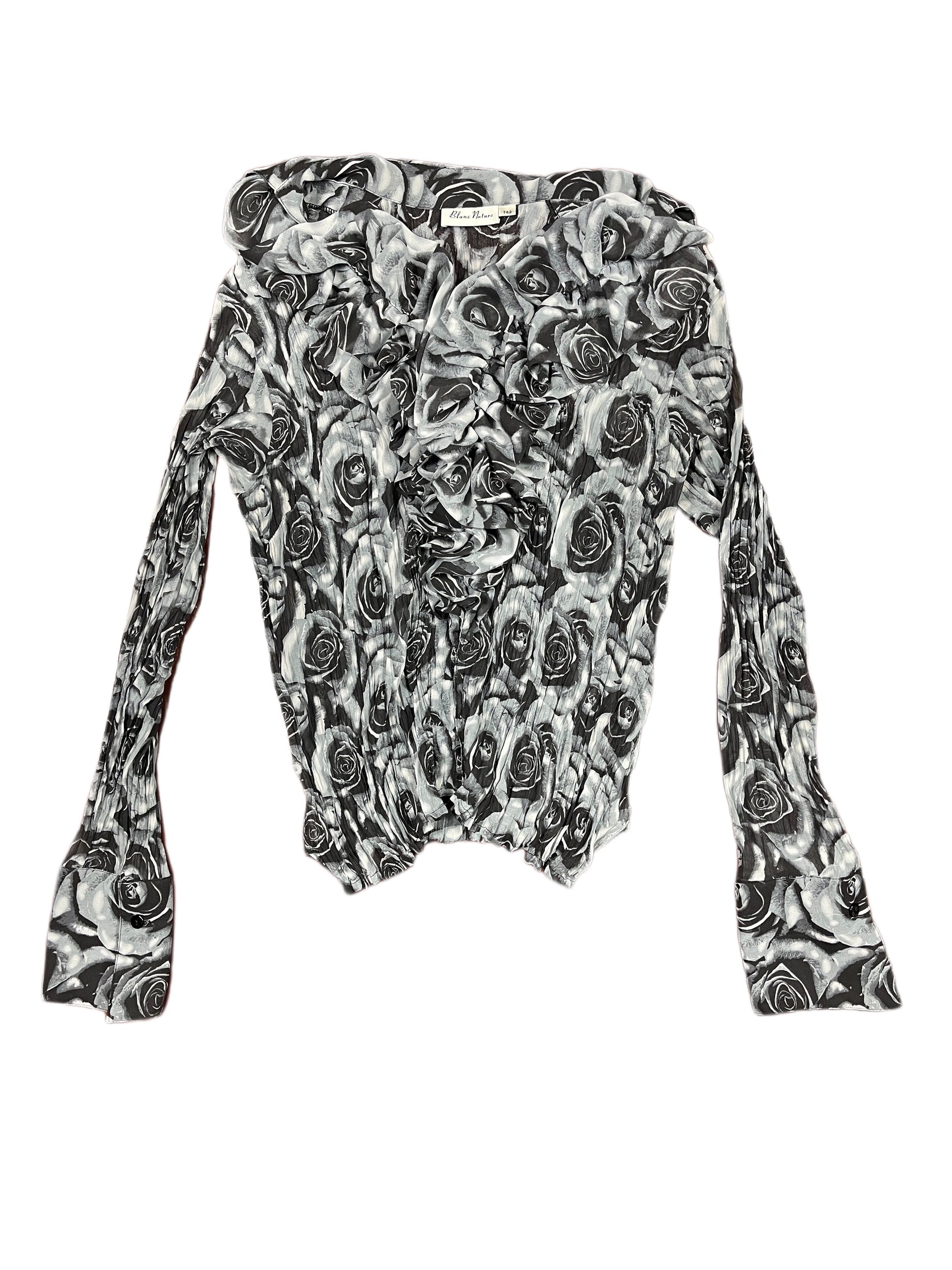 Y2k Blanc Nature See Through Long Sleeve Top Roses Gray Black - XL