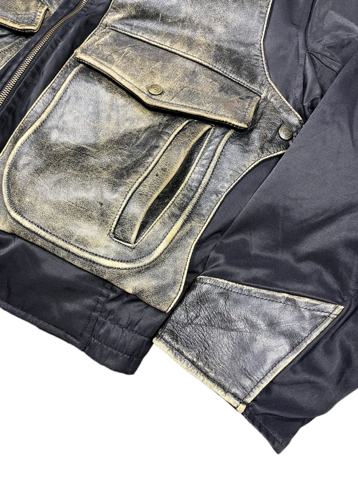 Vintage Kudsak Leather Patch Bomber Jacket Black Brown - XL
