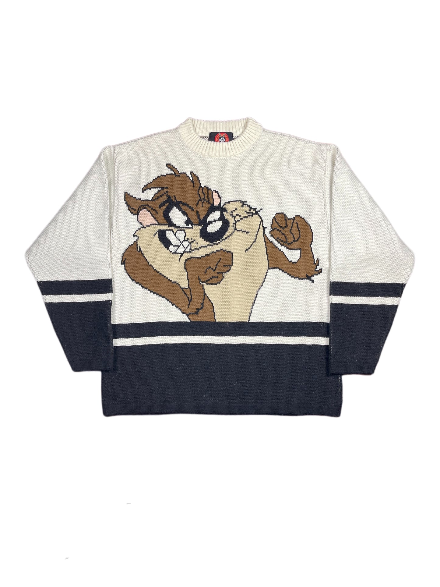 Vintage Looney Tunes 2001 Tasmanian Devil Warner Bros Chunky Knitted Sweatshirt White Black - L