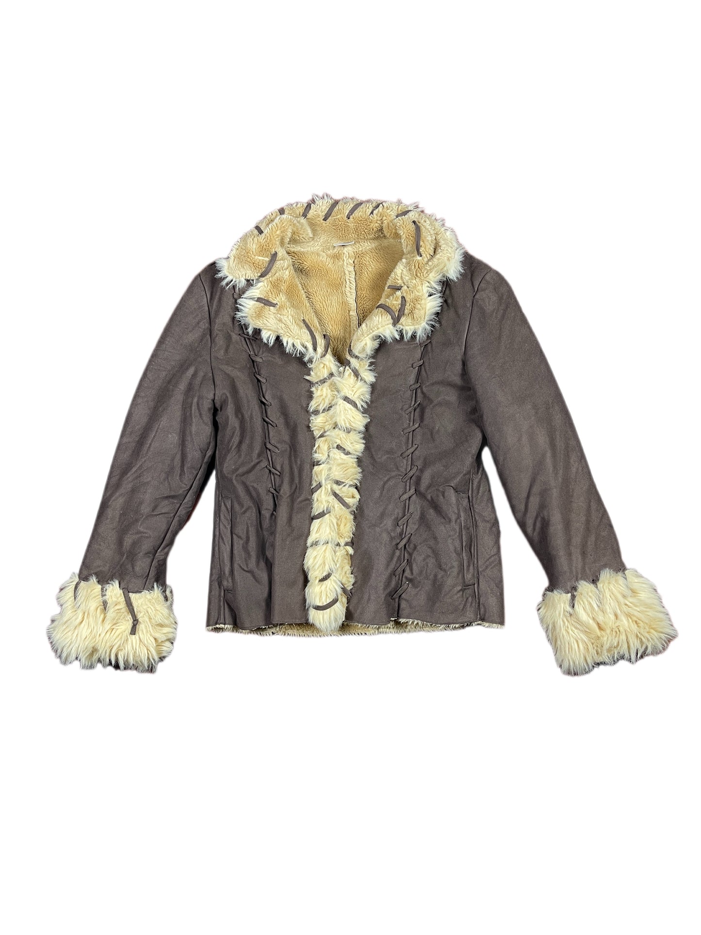 Y2k Fake Fur Jacket Brown Beige - L