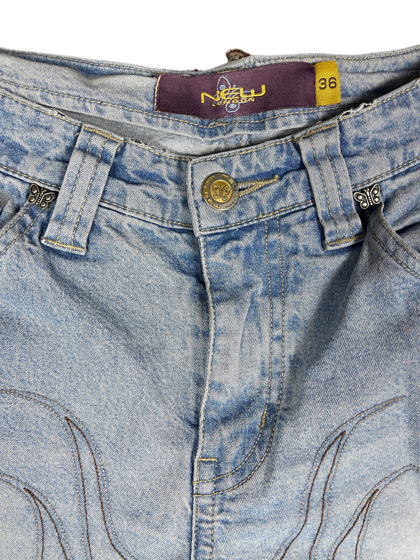 Y2k New London Denim Pants Low Waist Flared Light Blue - S