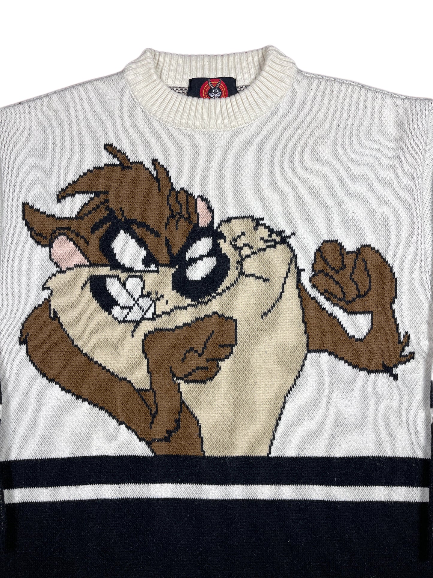Vintage Looney Tunes 2001 Tasmanian Devil Warner Bros Chunky Knitted Sweatshirt White Black - L