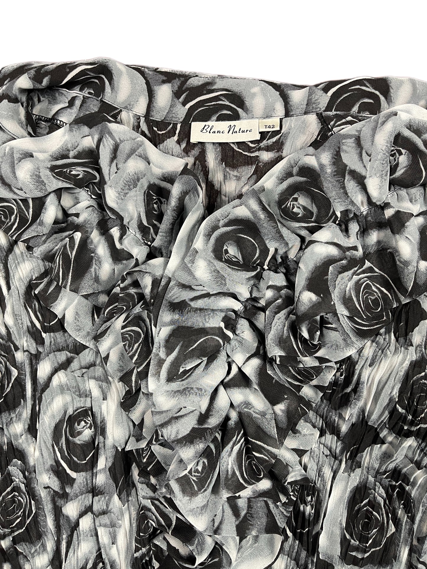 Y2k Blanc Nature See Through Long Sleeve Top Roses Gray Black - XL