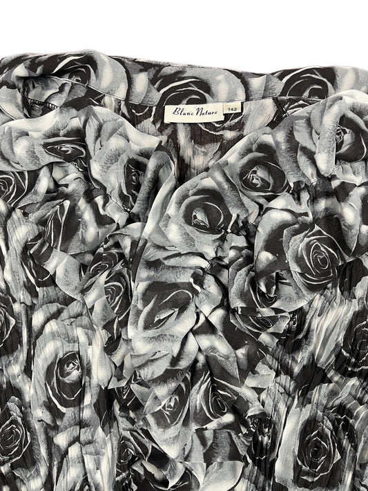 Y2k Blanc Nature See Through Long Sleeve Top Roses Gray Black - XL