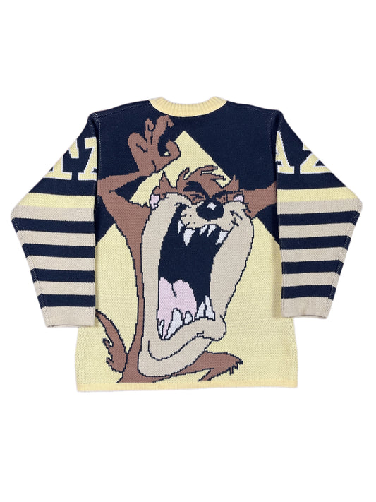 Vintage Tasmanian Devil TAZ 1997 Looney Tunes Chunky Knitted Sweatshirt Yellow Black - L
