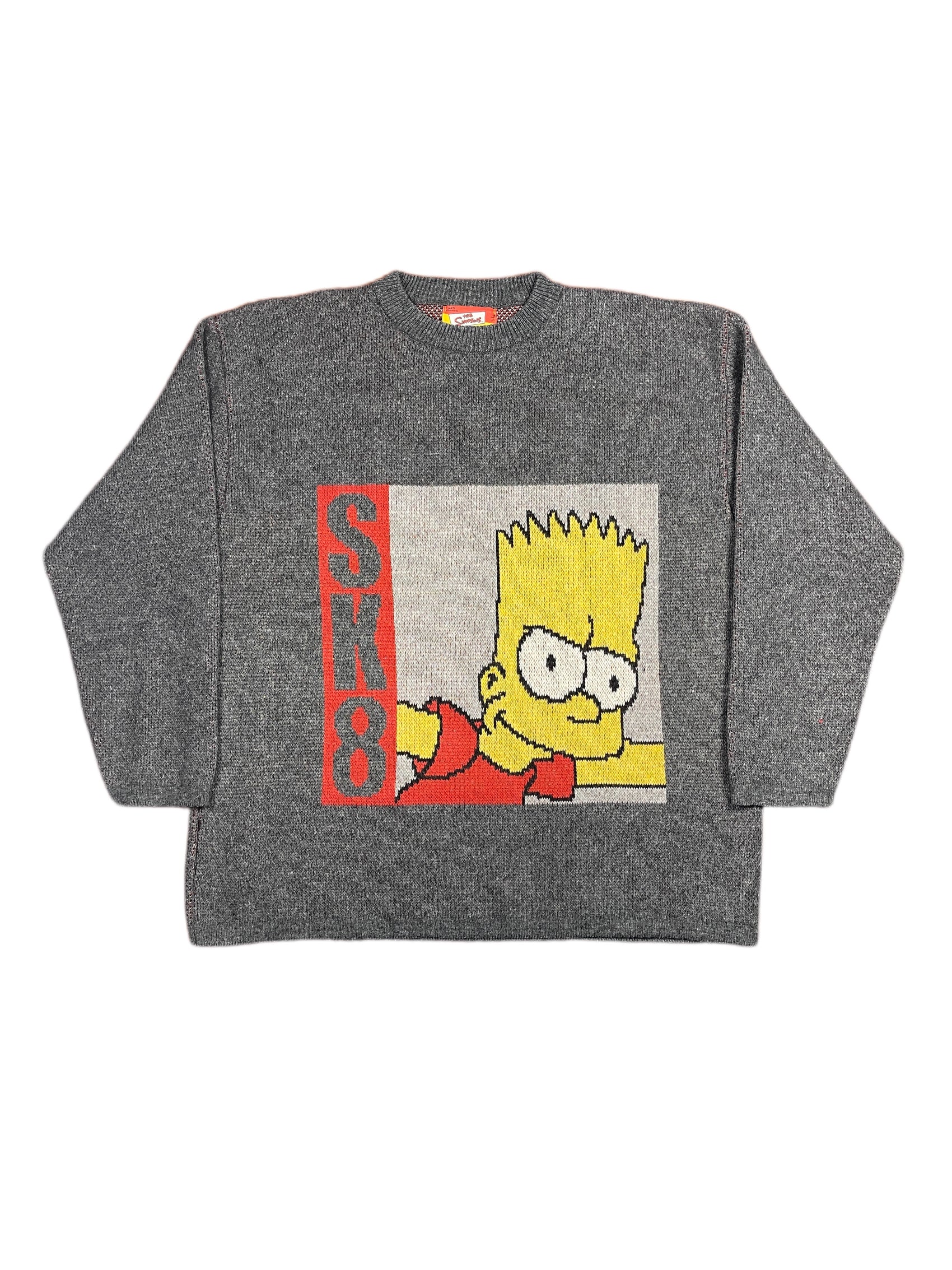 Y2k The Simpsons 2003 Bart Skateboard Chunky Knitted Sweatshirt Gray - XXL