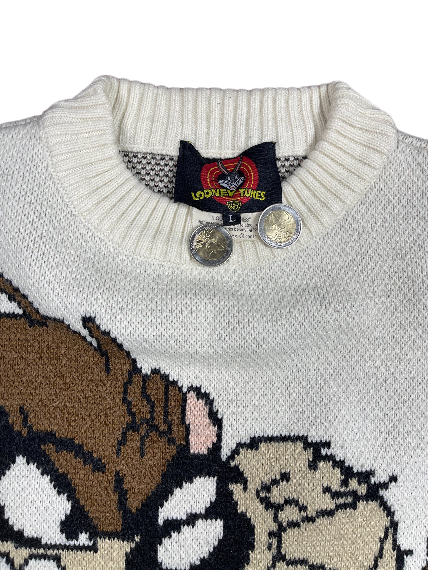 Vintage Looney Tunes 2001 Tasmanian Devil Warner Bros Chunky Knitted Sweatshirt White Black - L